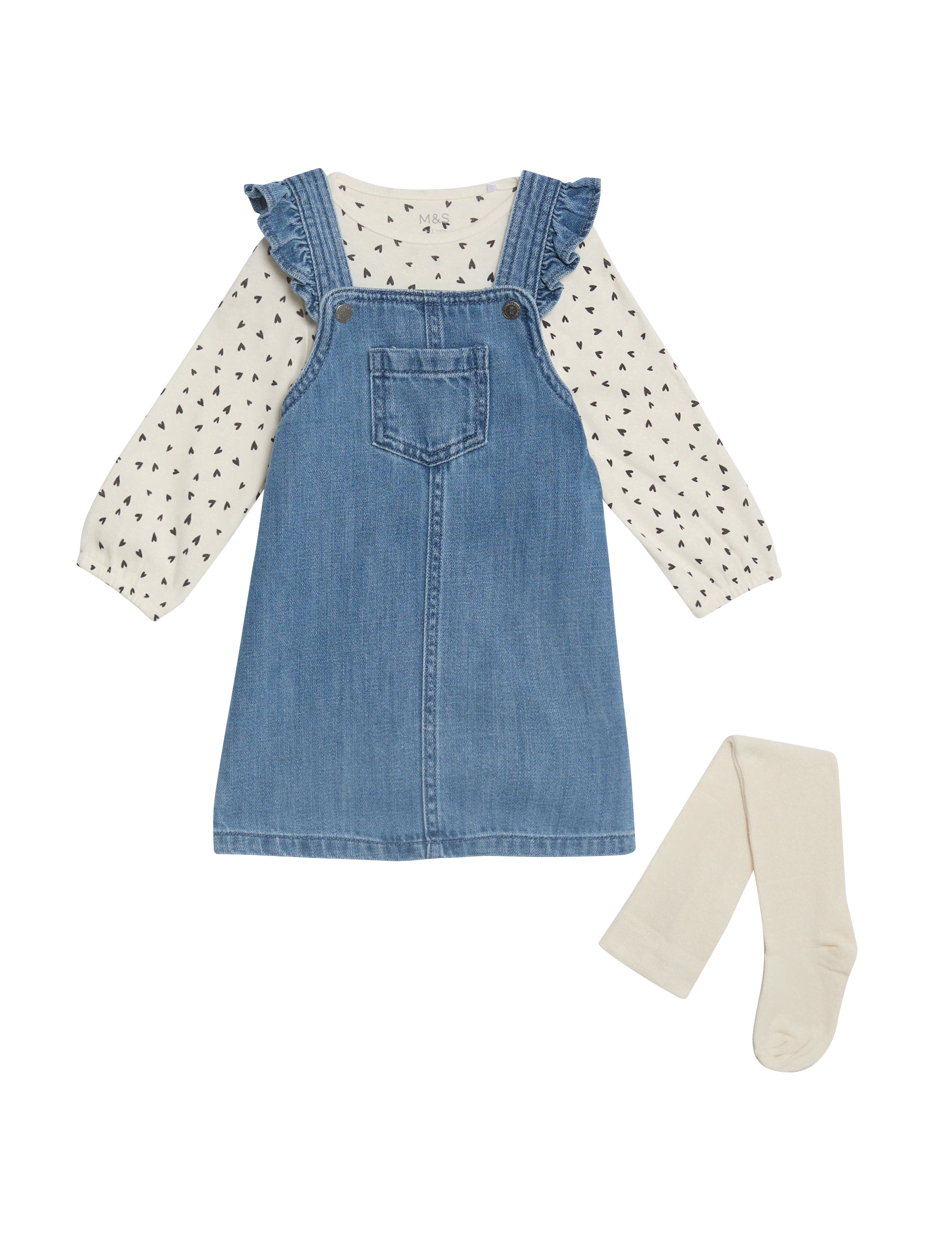 M&S Collection Girls 3pc Cotton Rich Denim Pinnie Outfit (0-3 Yrs) - 0-3 M - Blue Denim, Blue Denim