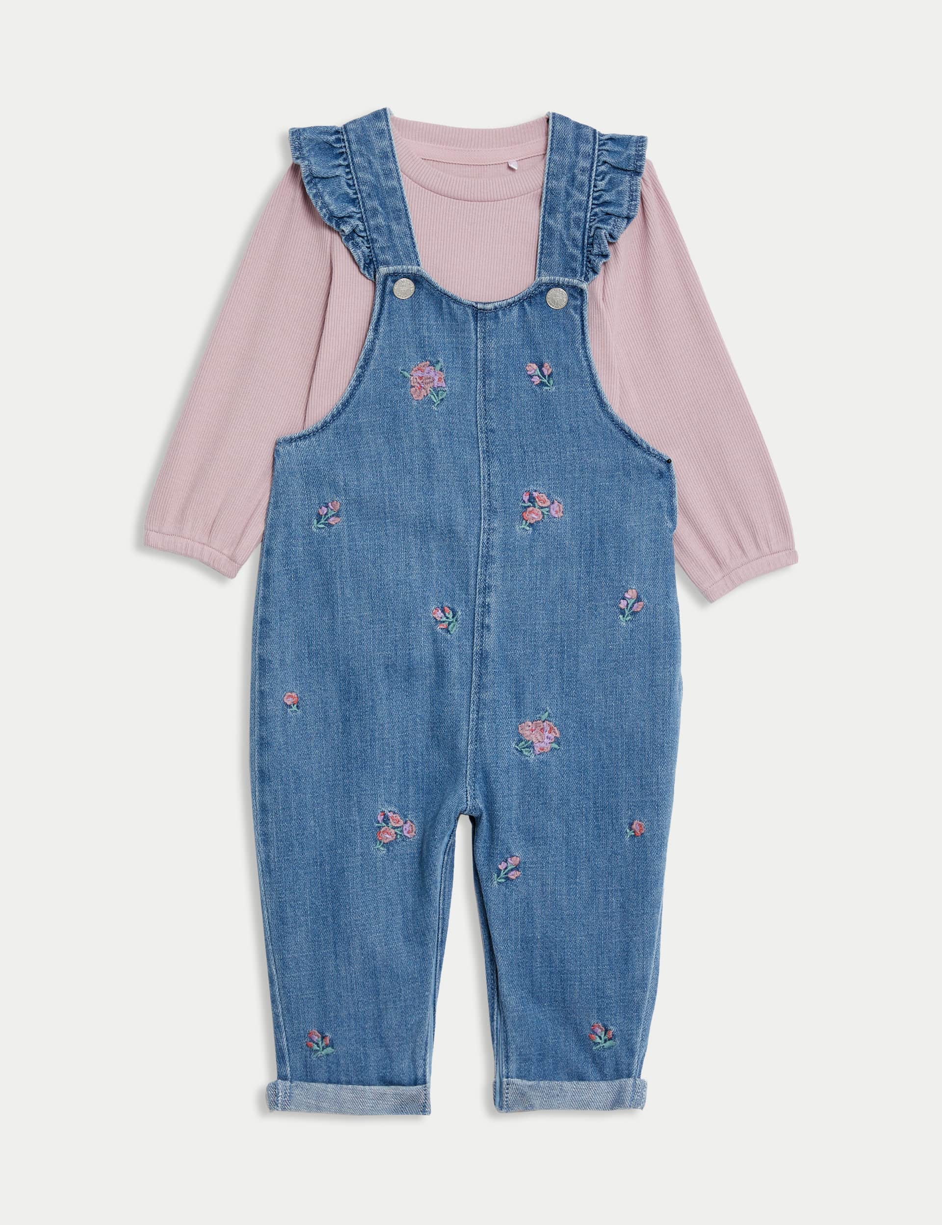 M&S Girls 2pc Cotton Rich Floral Outfit (0-3 Yrs) - 3-6 M - Denim Mix, Denim Mix