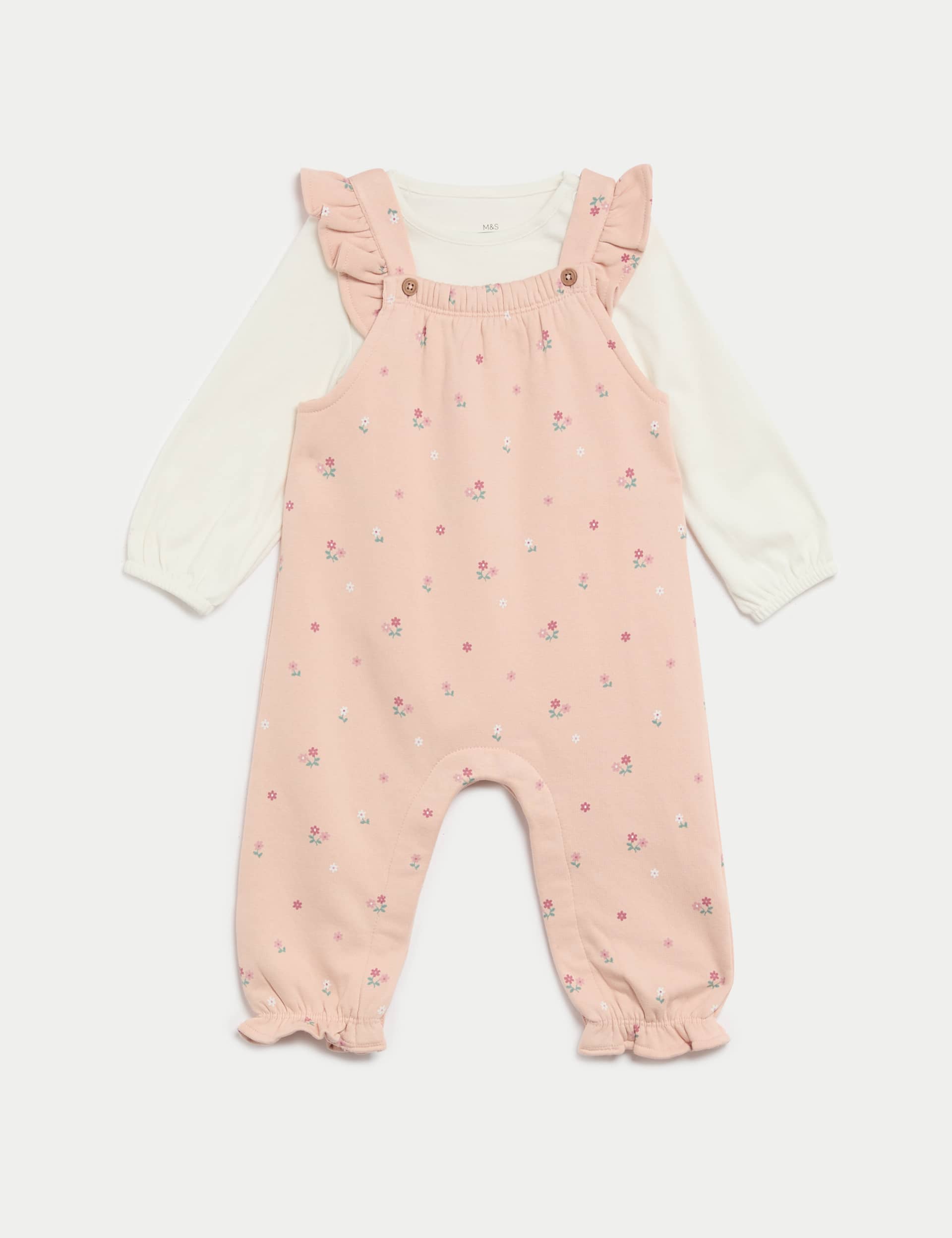 M&S Girls 2pc Cotton Rich Ditsy Floral Outfit (0-3 Yrs) - 12-18 - Pink Mix, Green Mix,Pink Mix