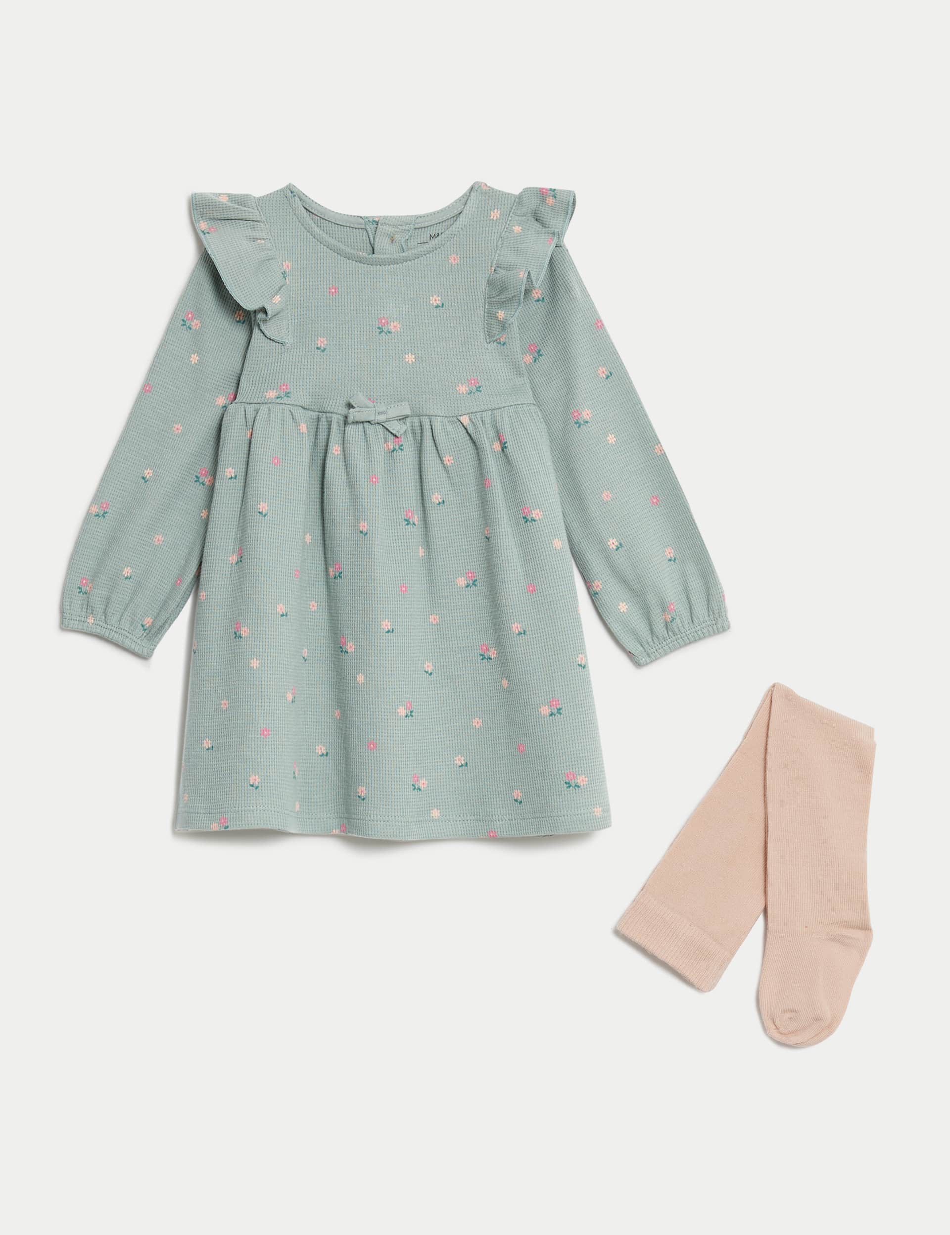 M&S Girls Cotton Rich Floral Dress with Tights (0-3 Yrs)