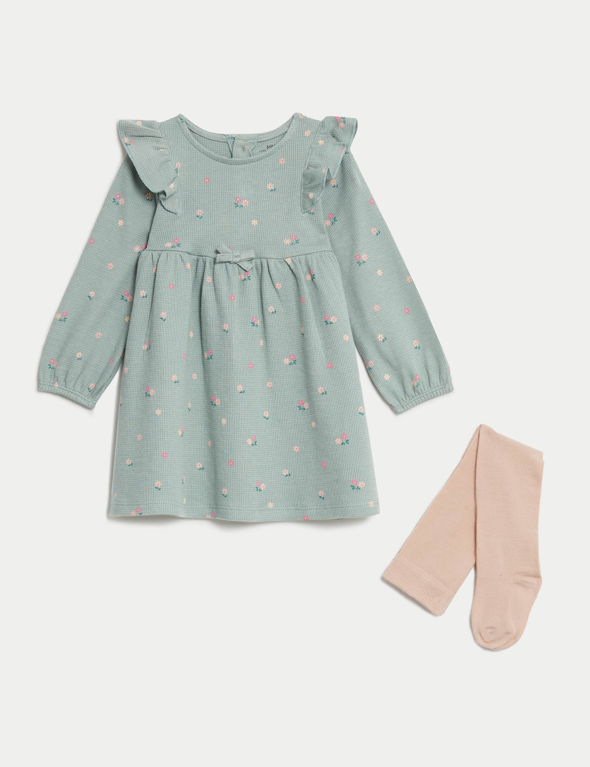 M&S Girls Cotton Rich Floral Dress with Tights (0-3 Yrs) - 18-24 - Aqua, Aqua