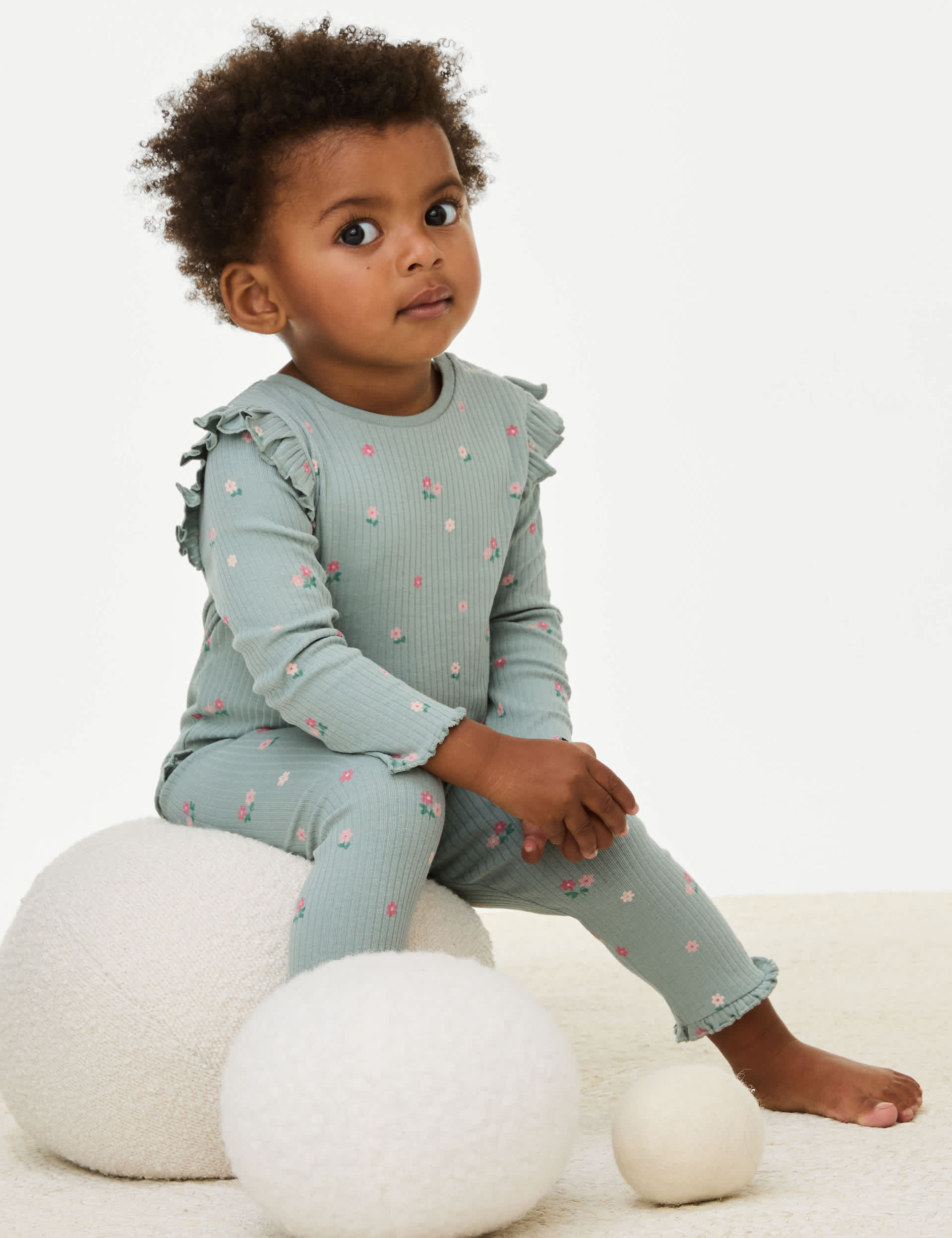 M&S Girls 2pc Cotton Rich Ribbed Jersey Floral Outfit (0-3 Yrs)