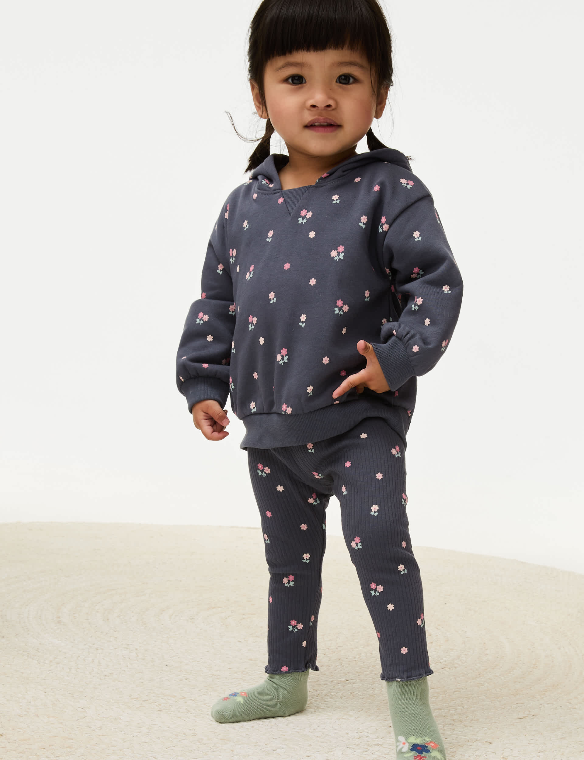 M&S Girls 2pc Cotton Rich Ditsy Floral Outfit (0-3 Yrs) - 12-18 - Charcoal Mix, Charcoal Mix,Green M