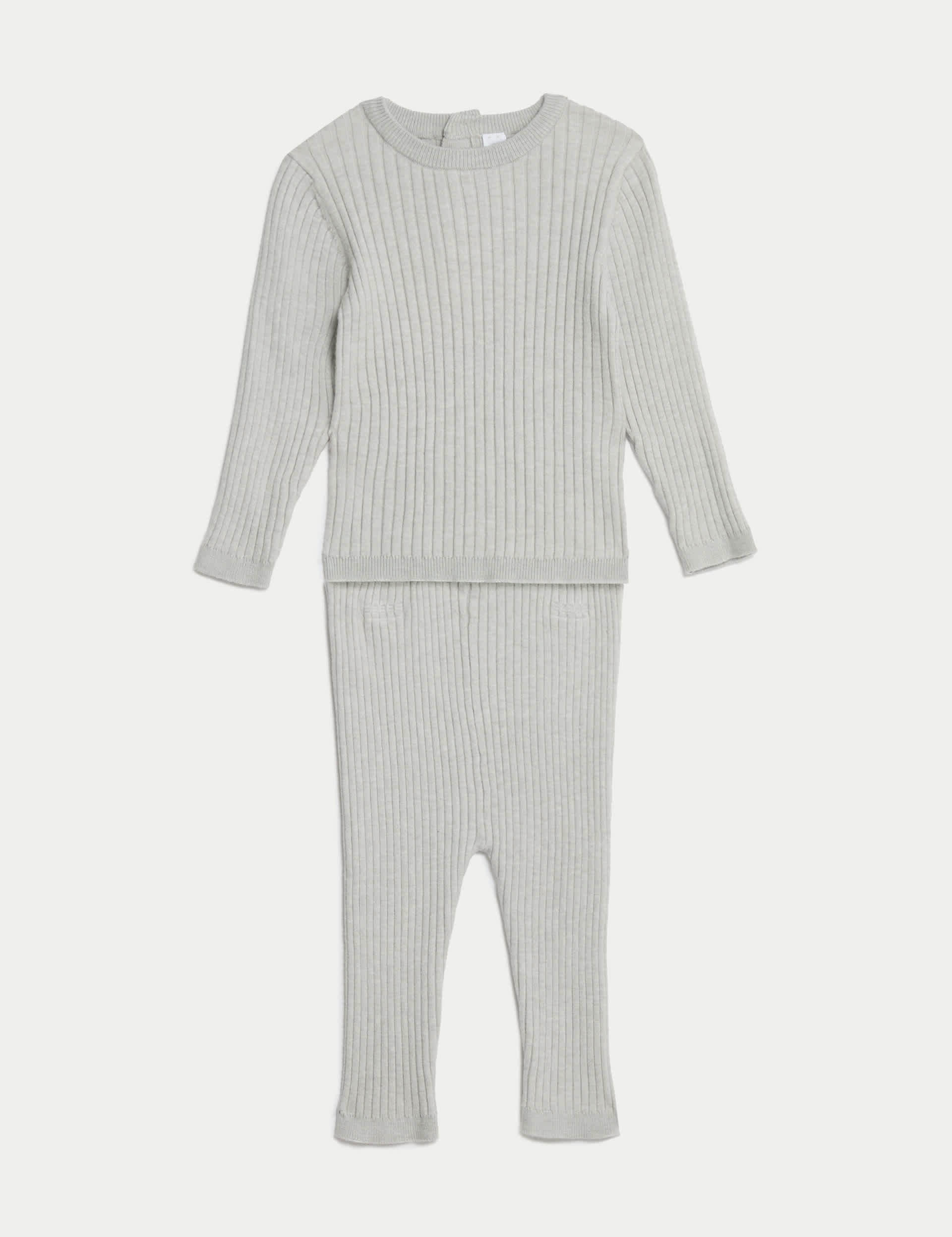 M&S Girls 2pc Ribbed Top & Bottom Outfit (0-3 Yrs) - 12-18 - Grey Marl, Grey Marl