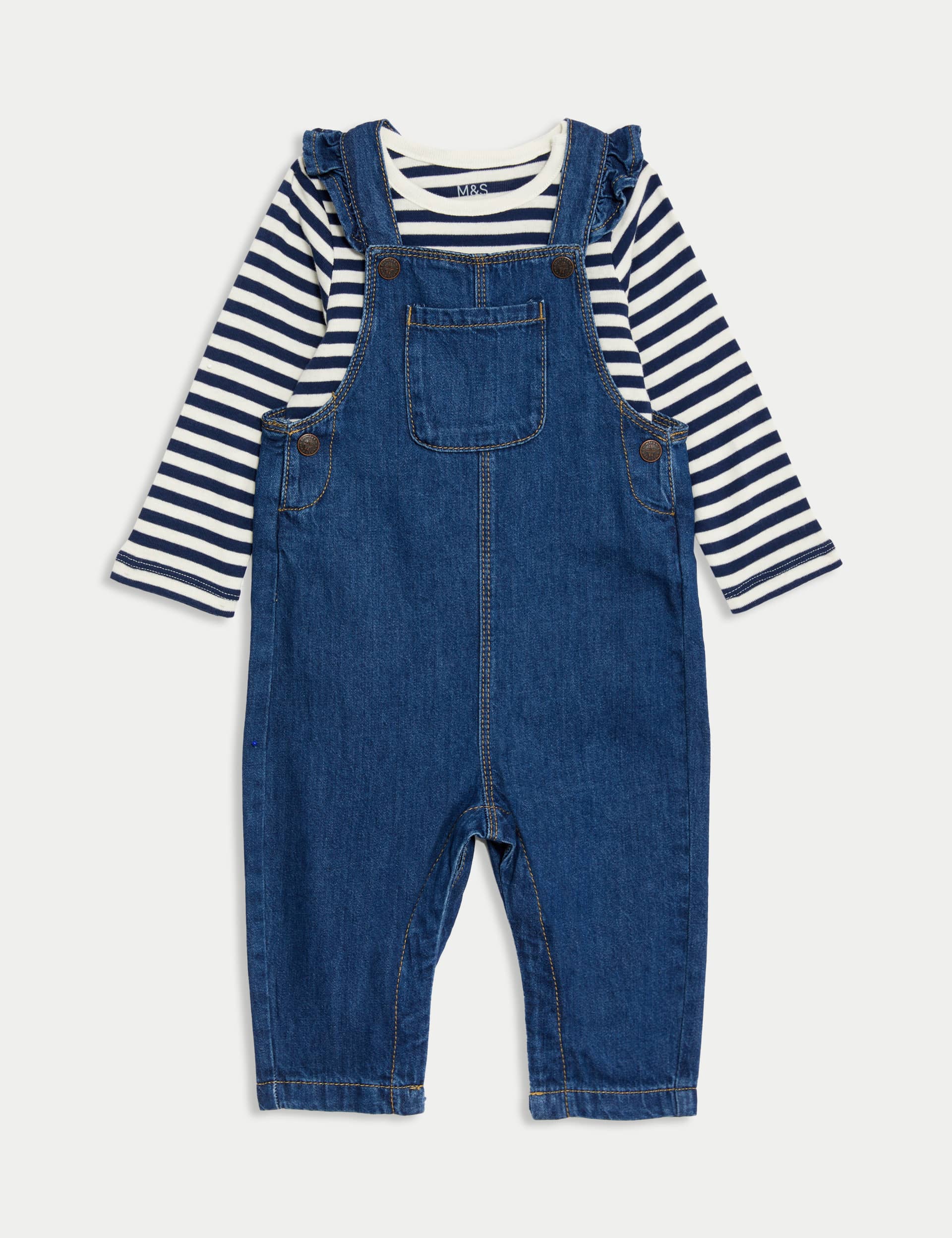 M&S Girls 2pc Denim Dungarees Outfit (0-3 Yrs) - 6-9 M - Denim Mix, Denim Mix