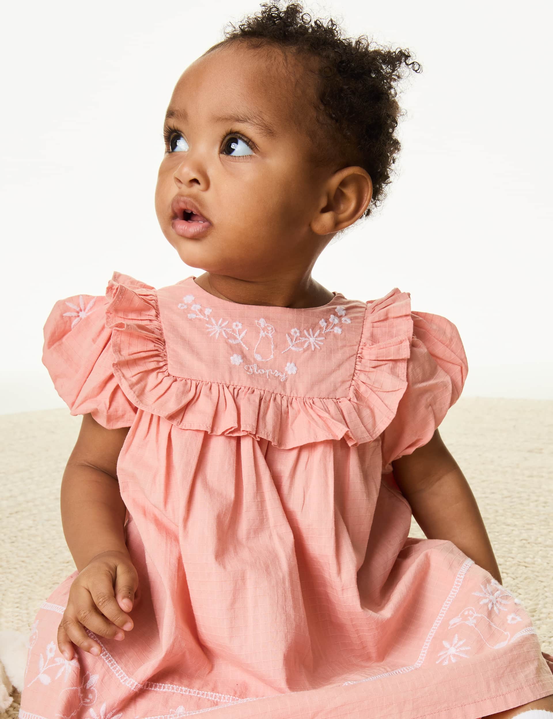 M&S Girls 2pc Cotton Rich Embroidered Outfit (0-3 Yrs)