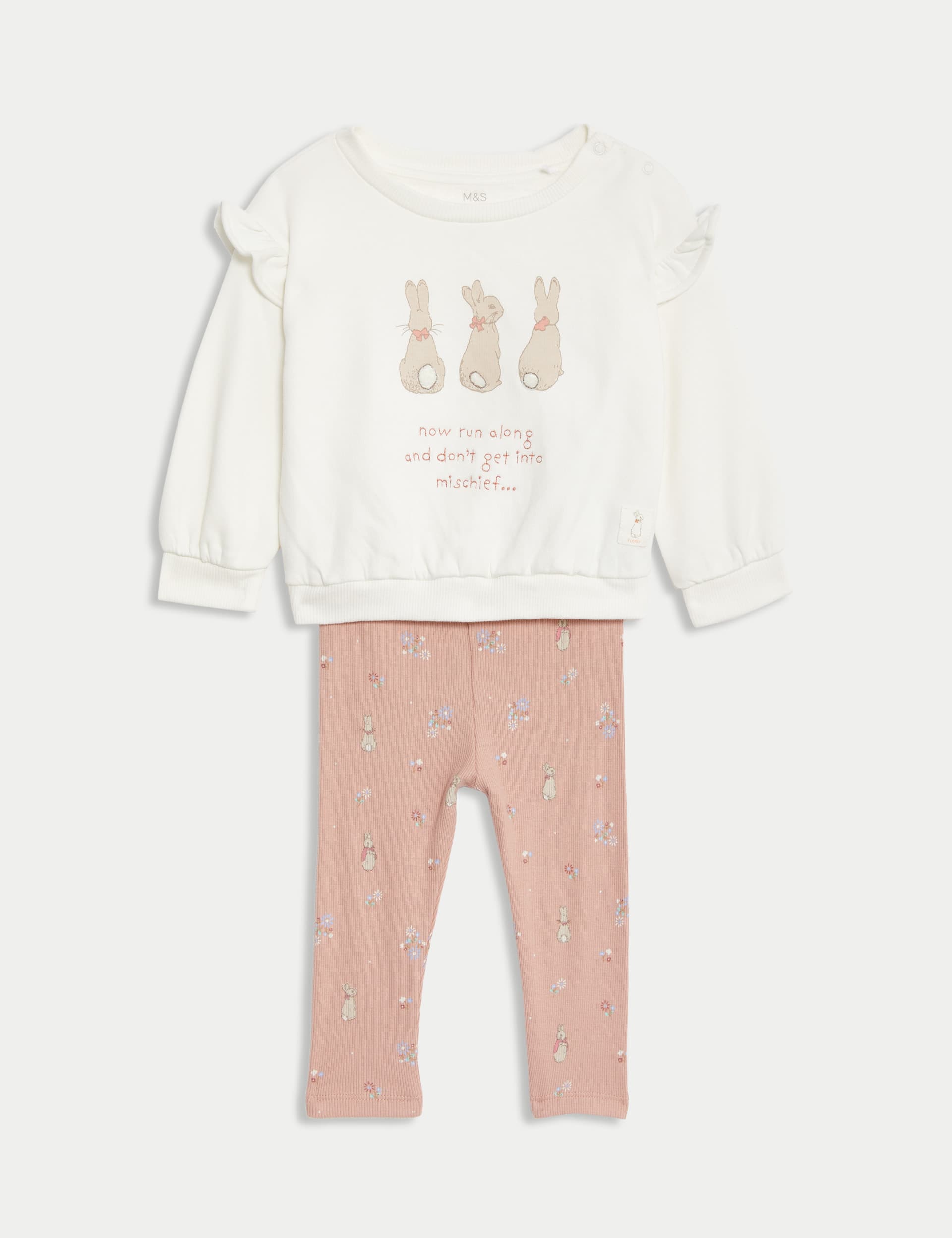 M&S Girls Cotton 2pc Peter Rabbit Sweat Outfit (0-3 Yrs) - 3-6 M - Pink Mix, Pink Mix