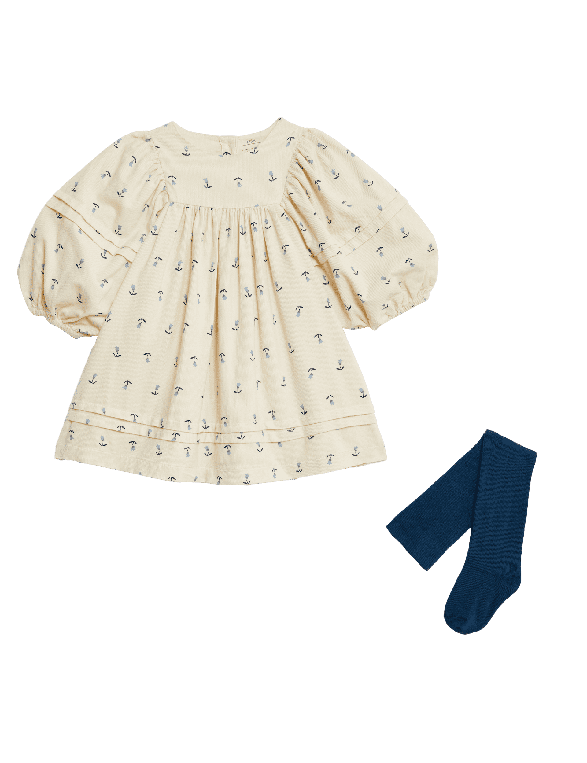 M&S Collection Girls 2pc Cord Tulip Dress with Tights (0-3 Yrs) - 3-6 M - Ecru Mix, Ecru Mix