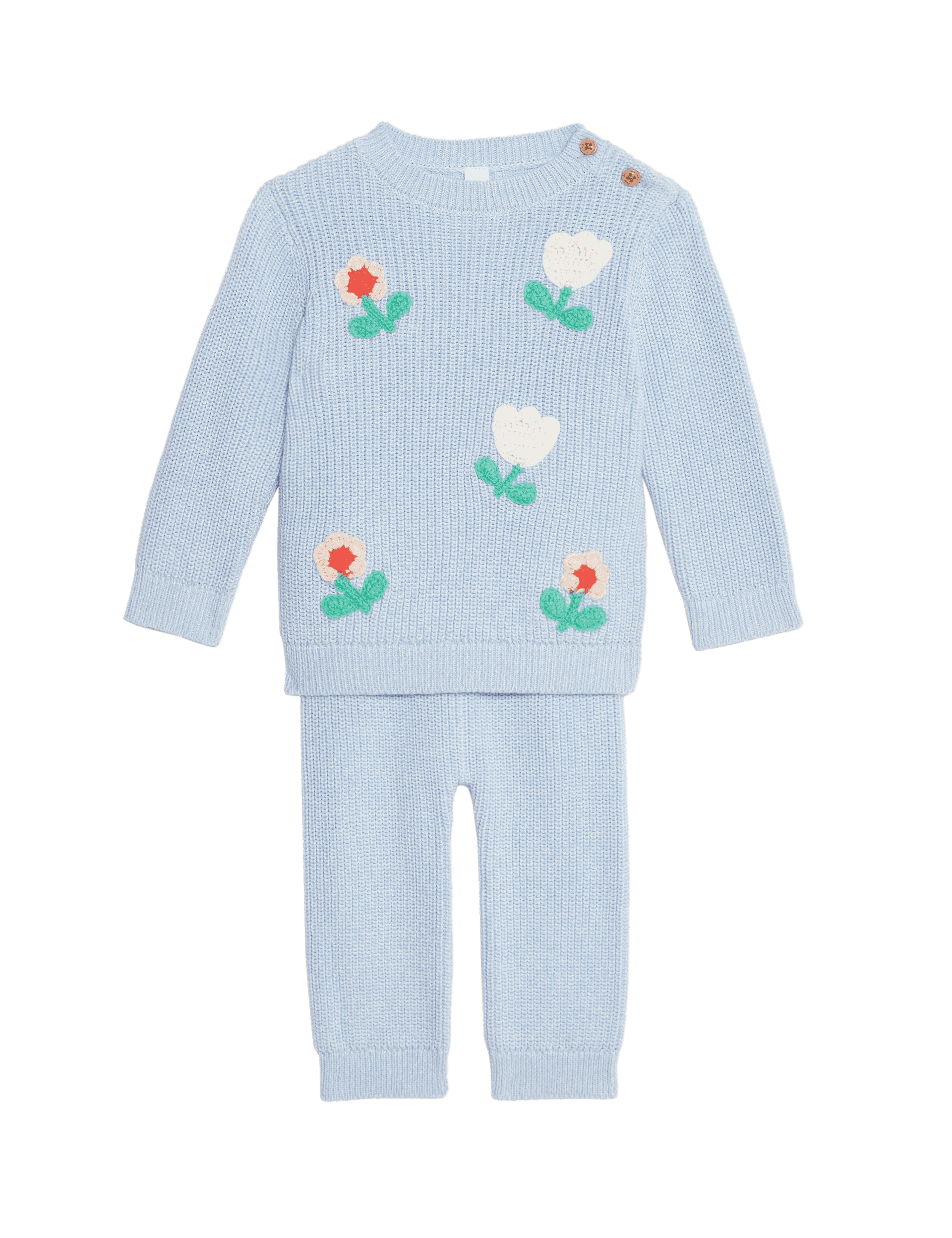 M&S Collection Girls 2pc Pure Cotton Knitted Floral Outfit (0-3 Yrs) - 12-18 - Blue, Blue