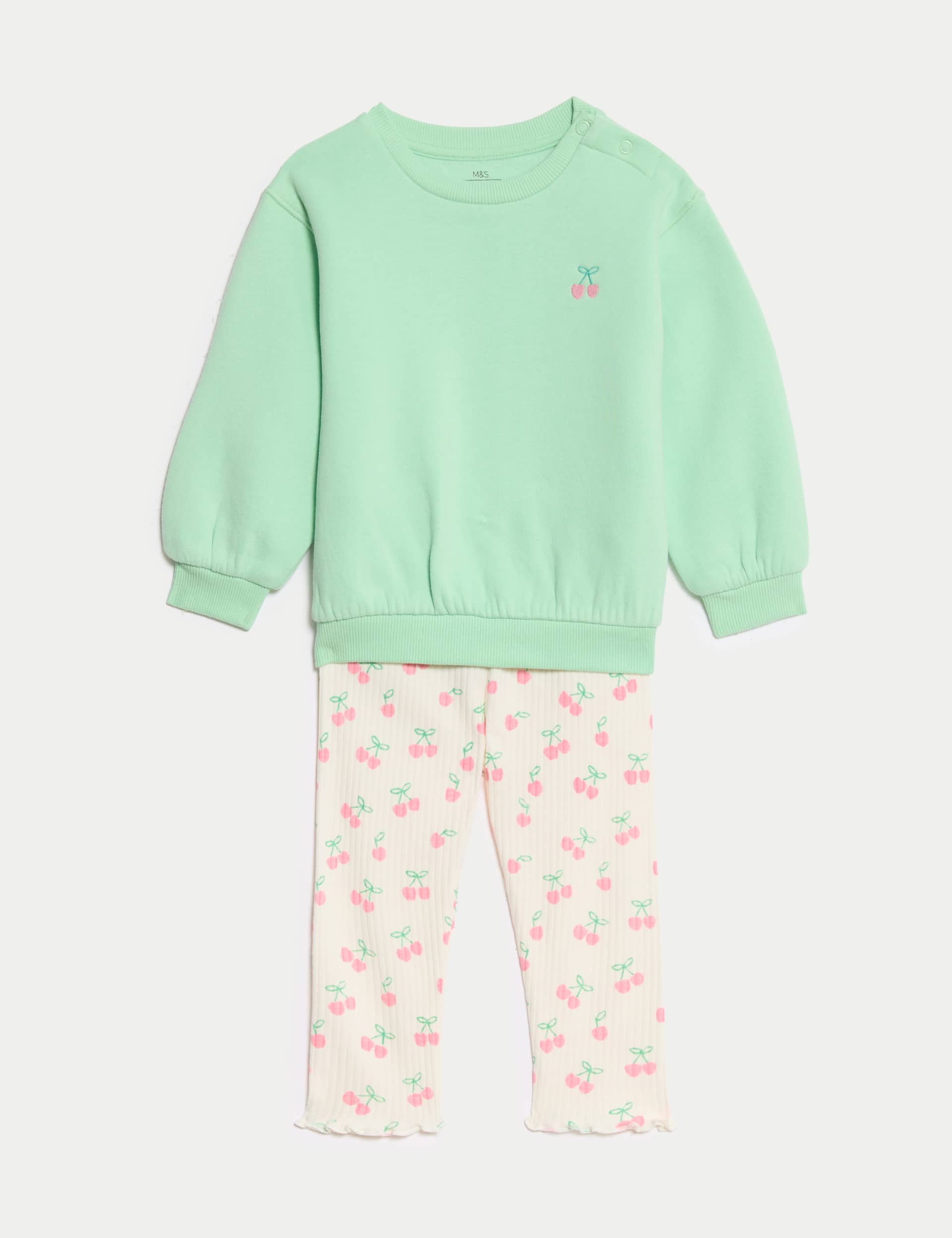 M&S Collection Girls 2pc Cotton Rich Cherry Print Outfit (0-6 Yrs) - 4-5Y - Green Mix, Green Mix