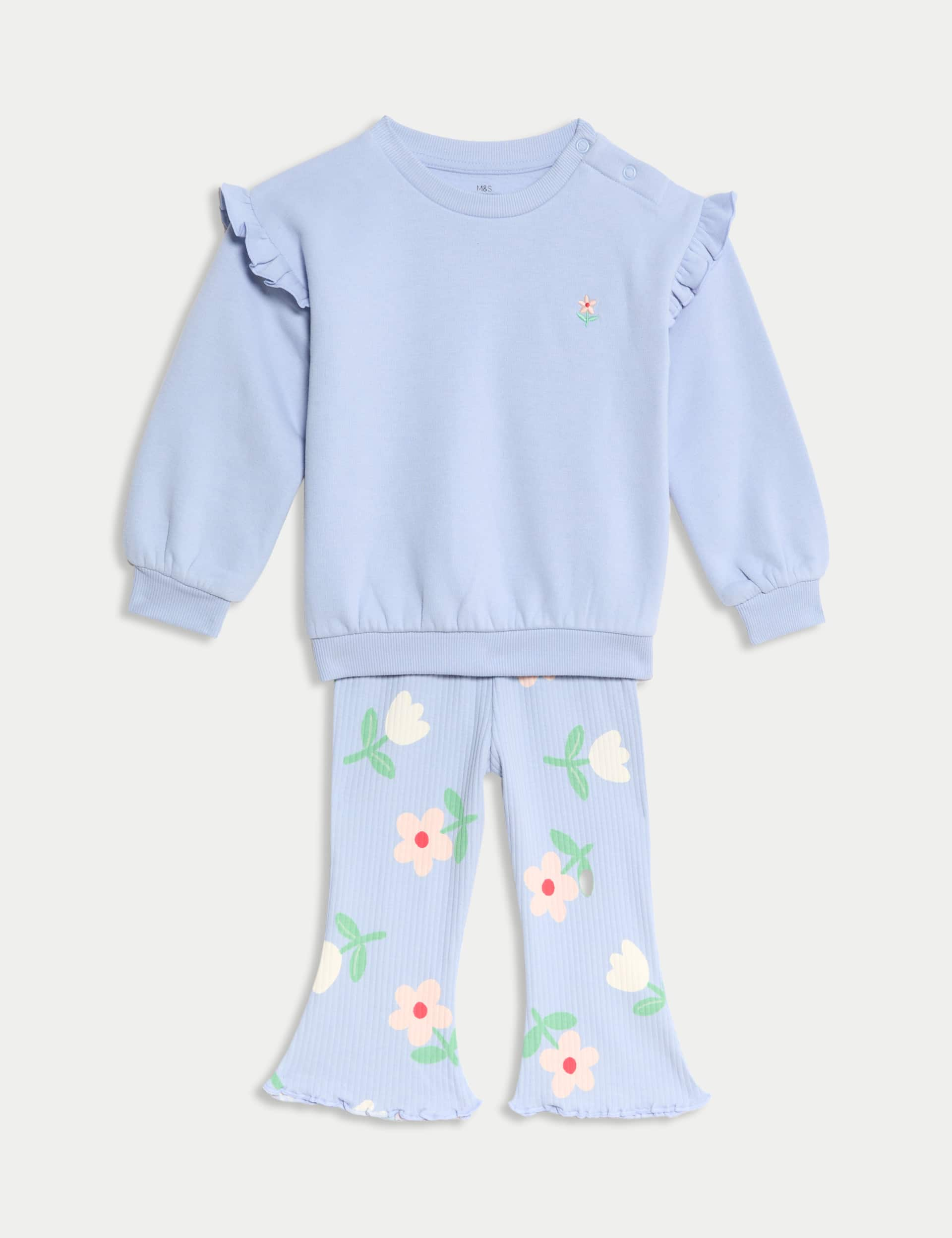 M&S Collection Girls Cotton Rich Floral Top & Bottom Outfit (0-6 Yrs) - 3-6 M - Blue, Blue