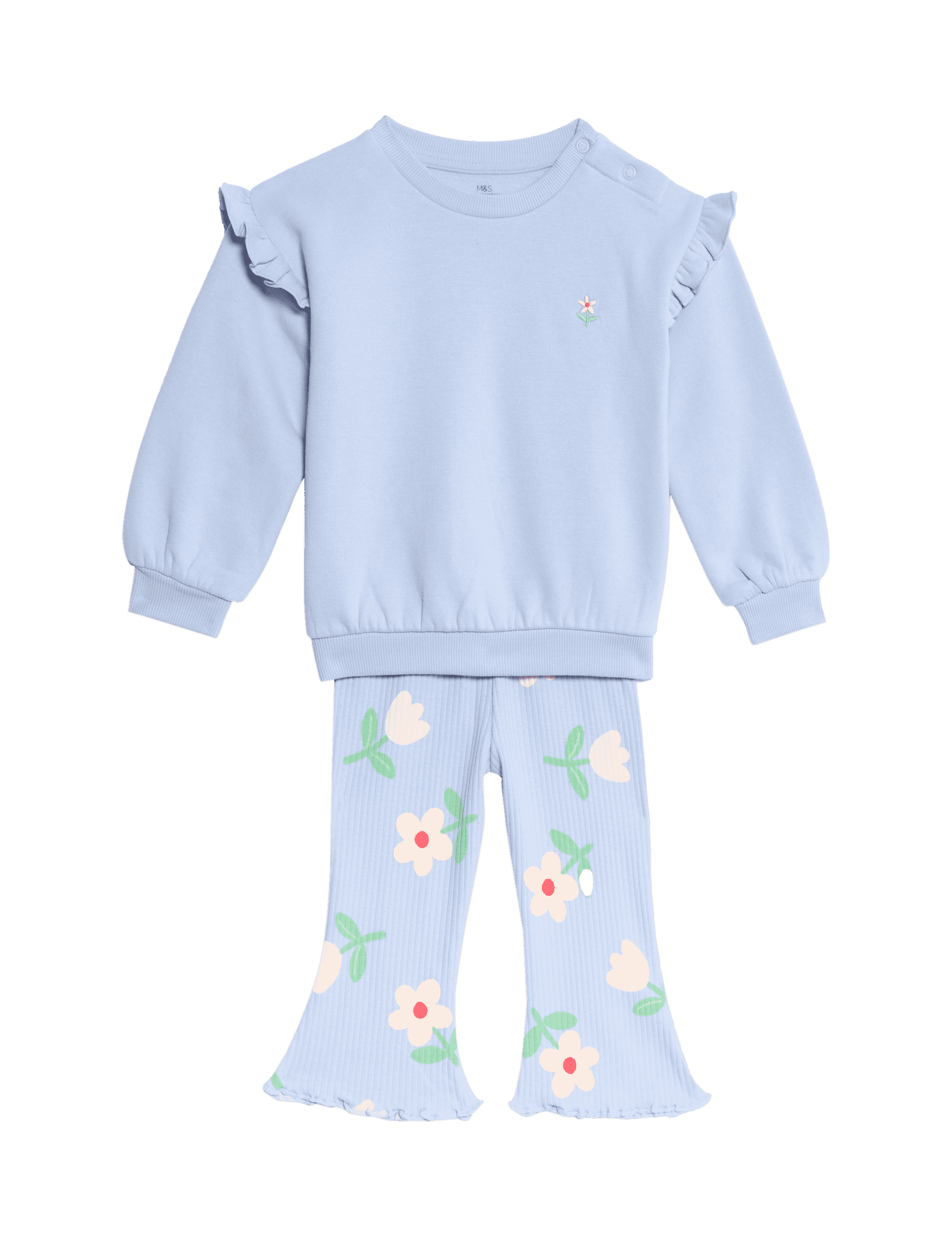 M&S Collection Girls Cotton Rich Floral Top & Bottom Outfit (0-6 Yrs) - 0-3 M - Blue, Blue