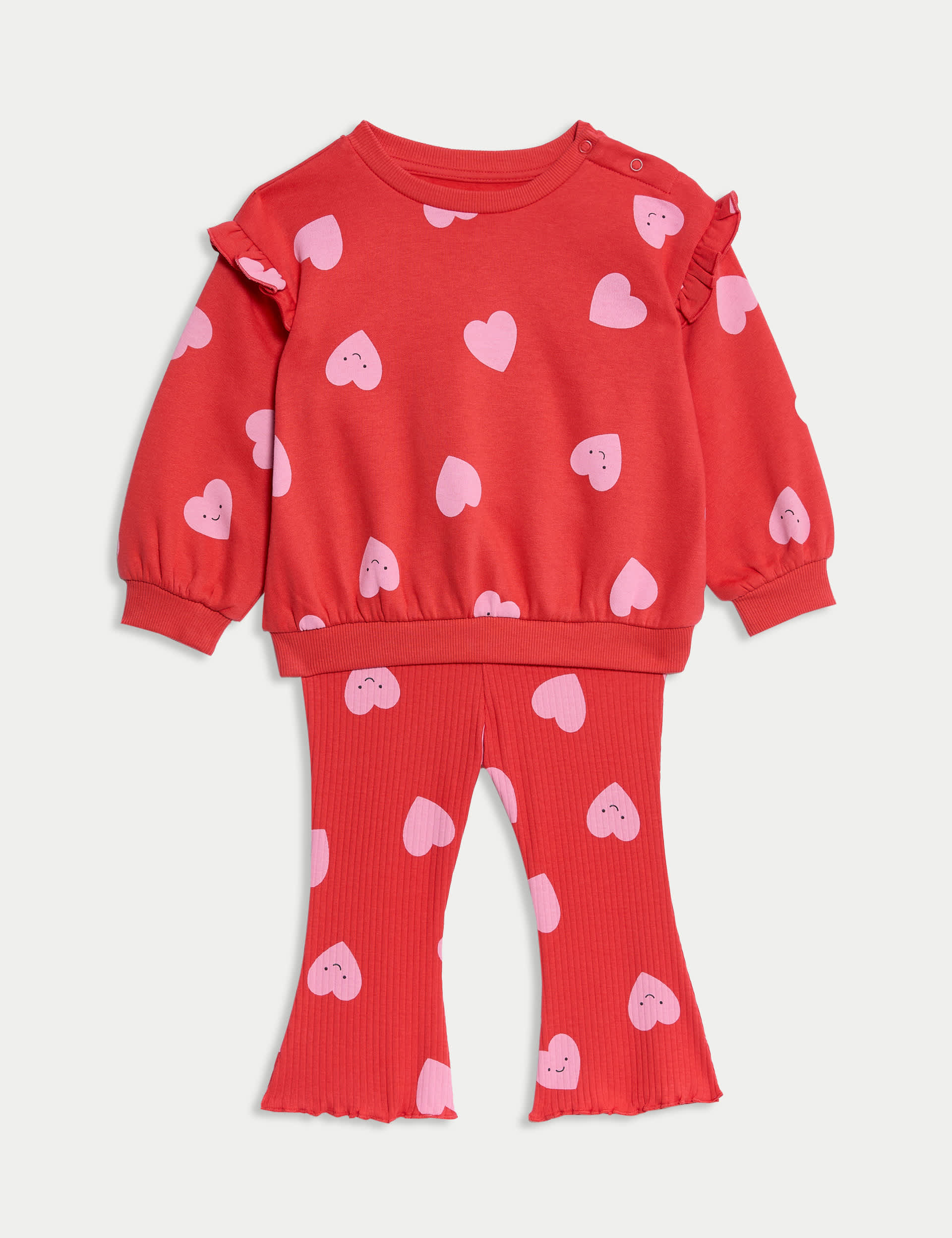 M&S Collection Girls 2pc Cotton Rich Heart Print Outfit (0-6 Yrs) - 3-6 M - Red Mix, Red Mix