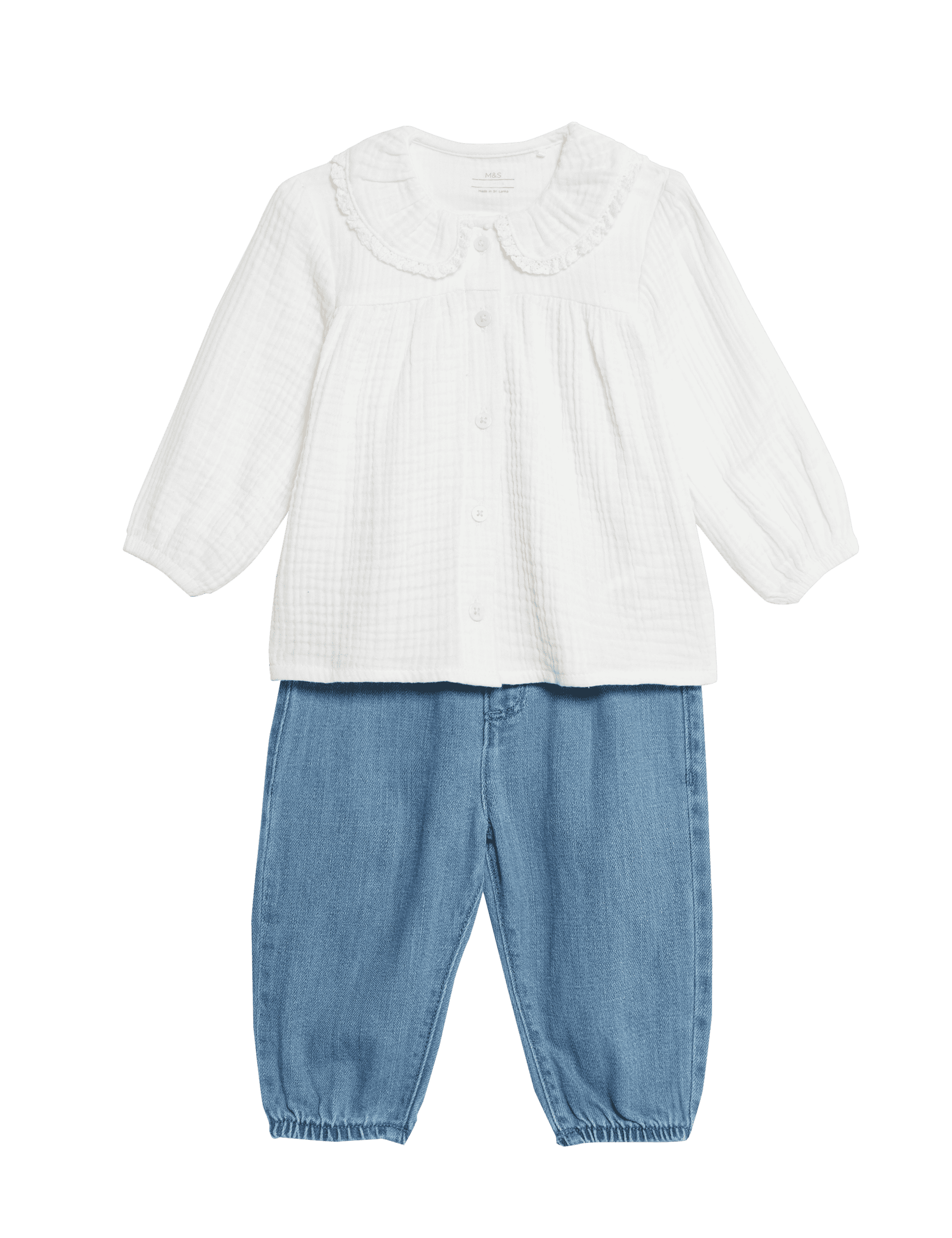 M&S Collection Girls 2pc Cotton Rich Top & Bottom Outfit (0-3 Yrs) - 18-24 - Ivory Mix, Ivory Mix