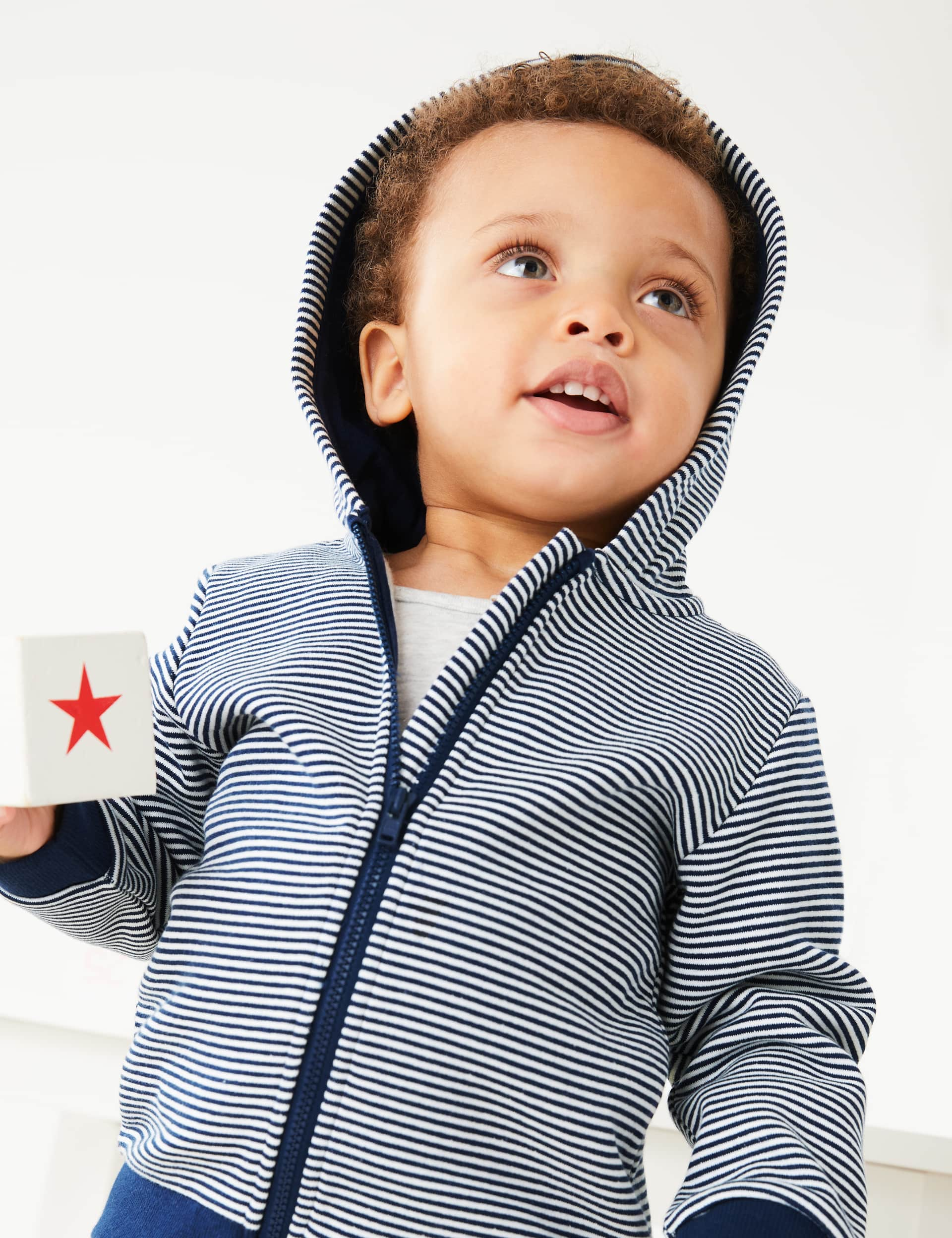 M&S Boys Cotton Rich Striped Zip Hoodie (0-3 Yrs) - 18-24 - Indigo Mix, Indigo Mix