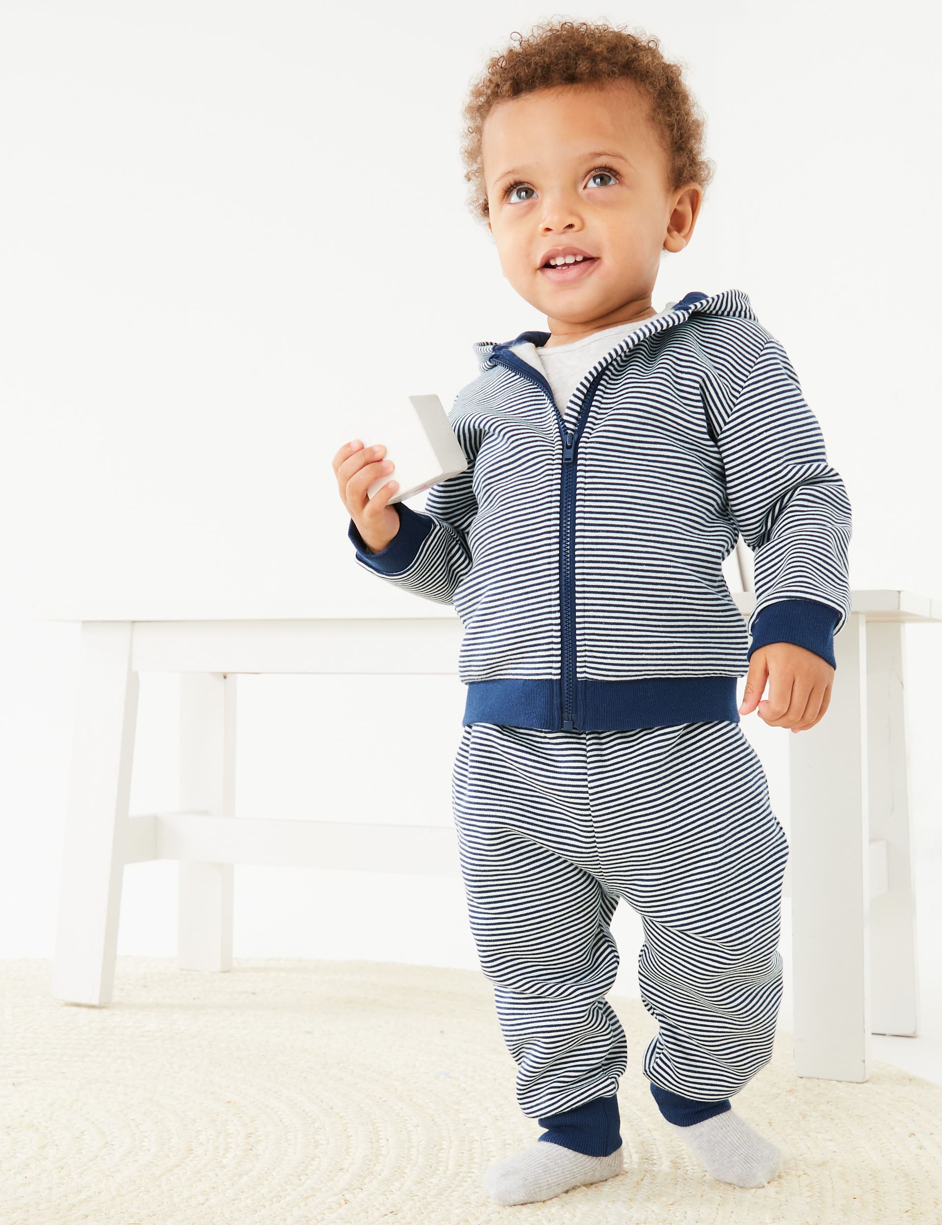 M&S Boys Cotton Rich Striped Joggers (0-3 Yrs) - 12-18 - Indigo, Indigo