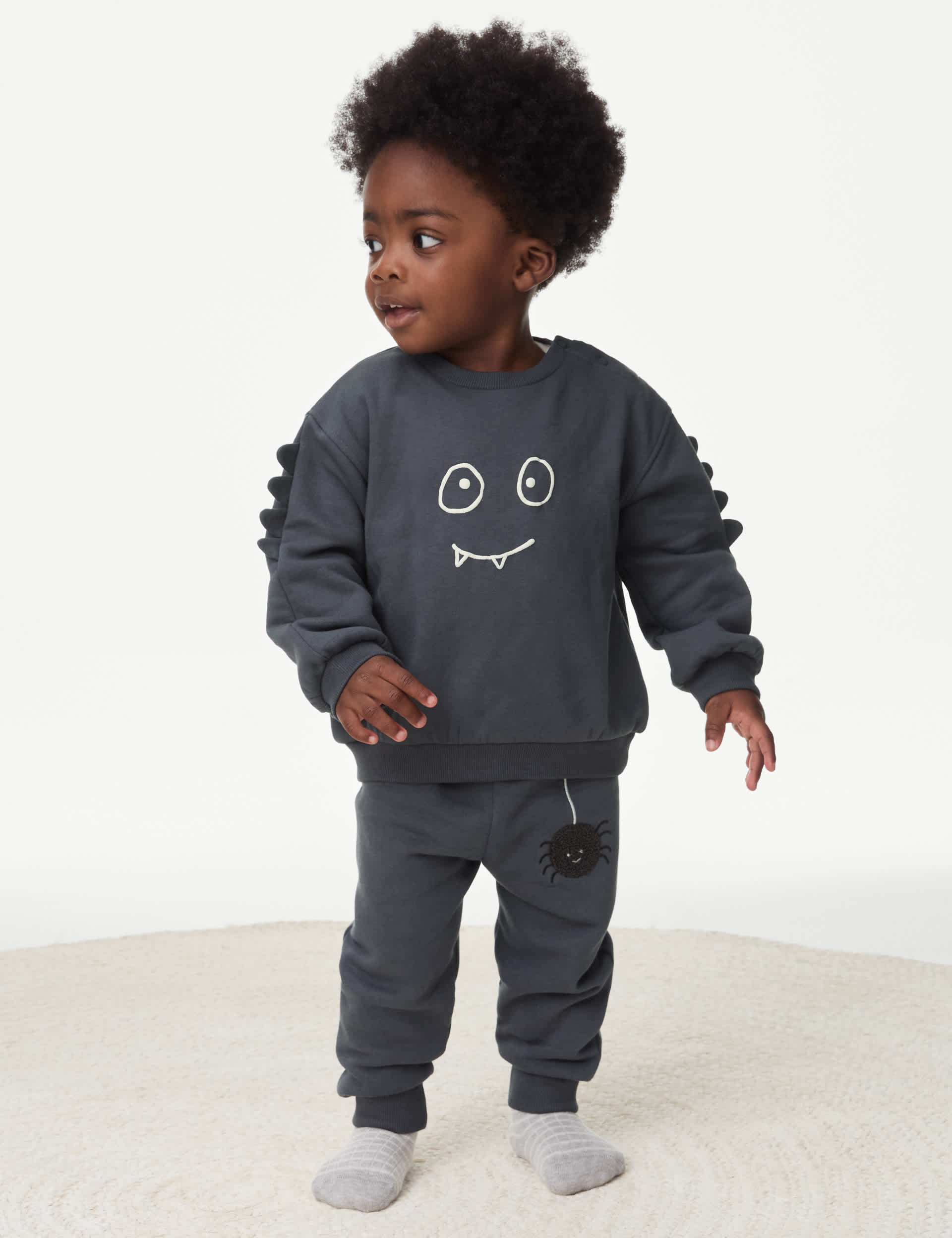 M&S Boys 2pc Cotton Rich Monster Outfit (0-3 Yrs) - 12-18 - Charcoal, Charcoal