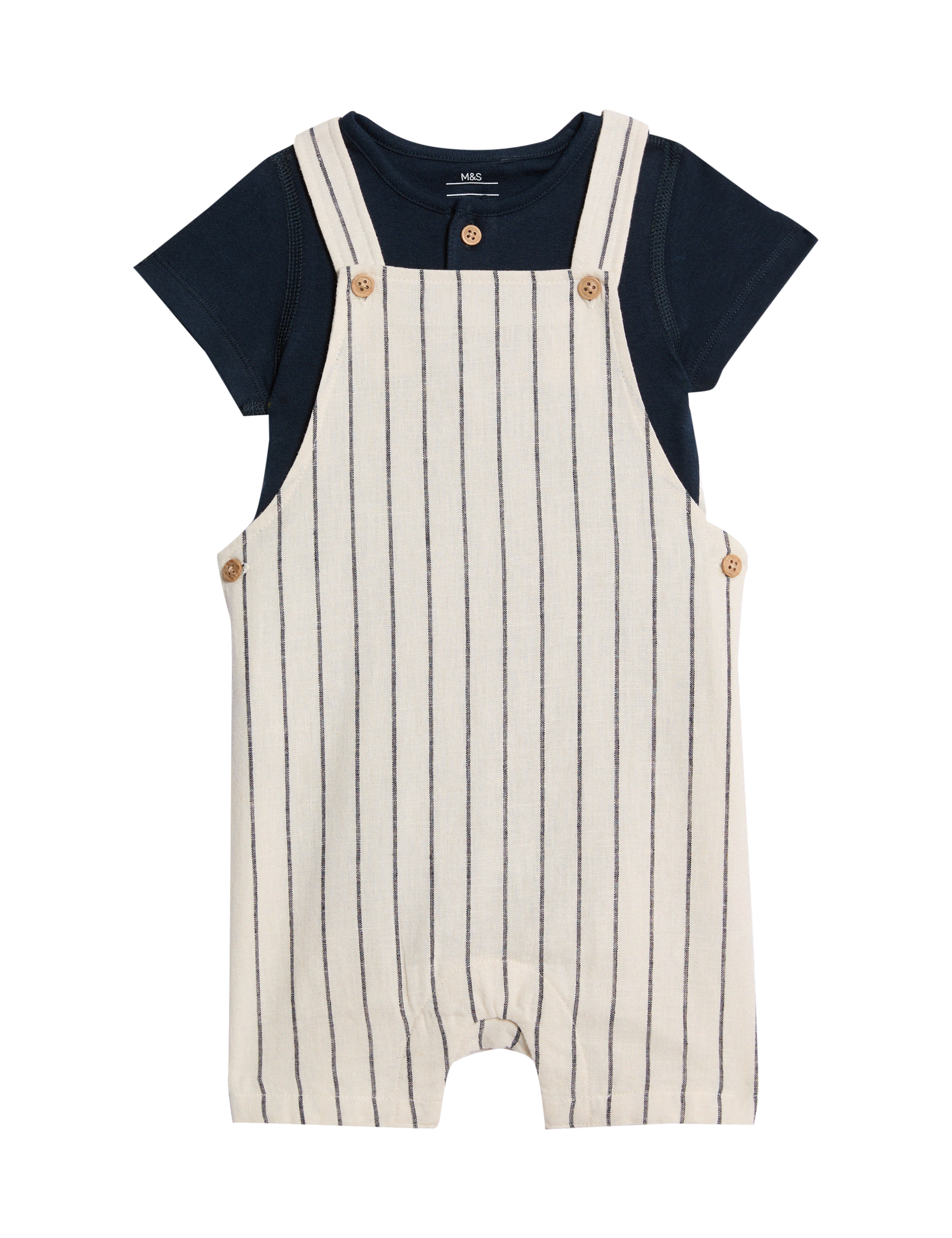 M&S Collection Boys 2pc Cotton Linen Striped Dungaree Outfit (0-3 Yrs) - 12-18 - Ivory Mix, Ivory Mi