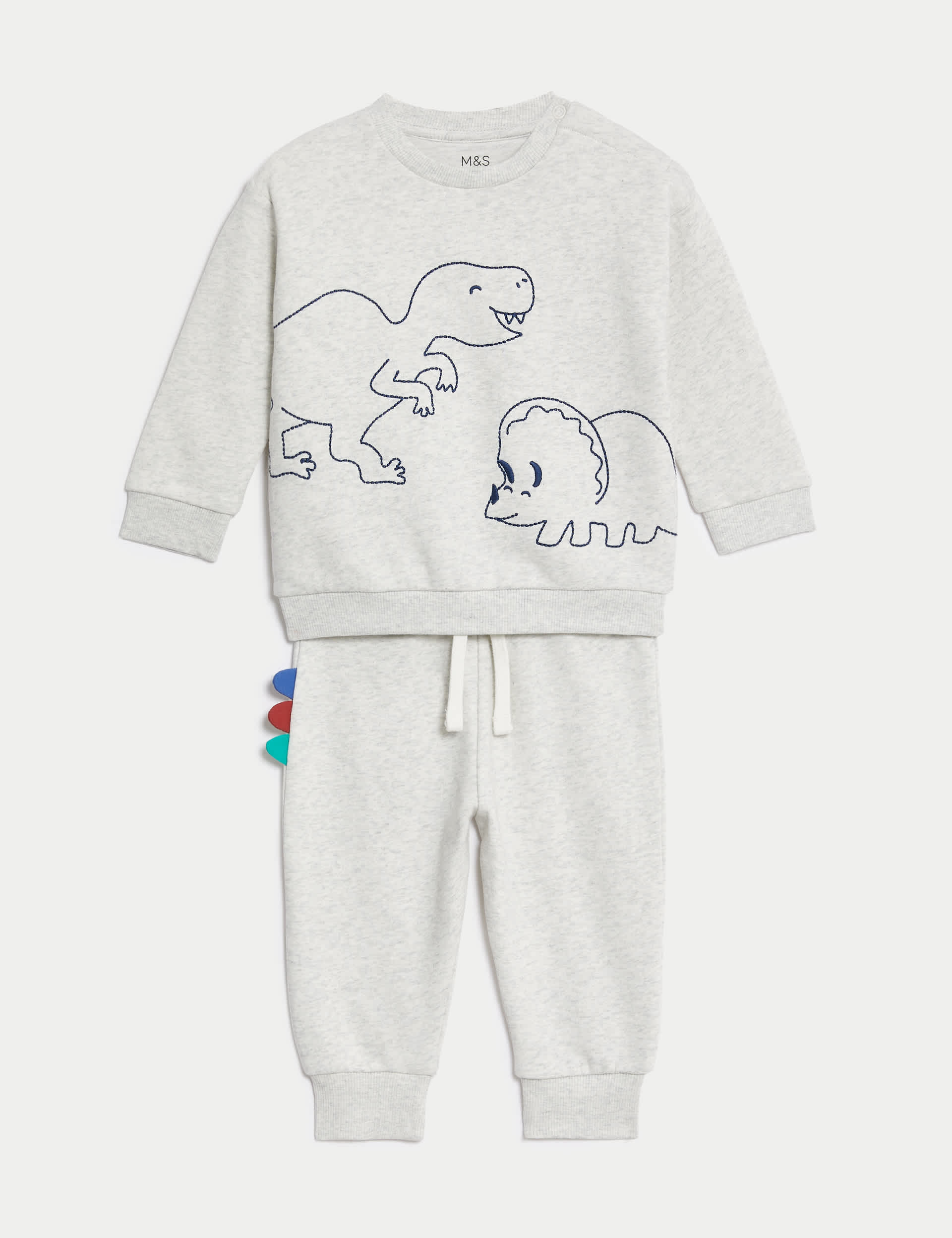 M&S Boys 2pc Cotton Rich Dinosaur Outfit (0-3 Yrs) - 12-18 - Grey Marl, Grey Marl