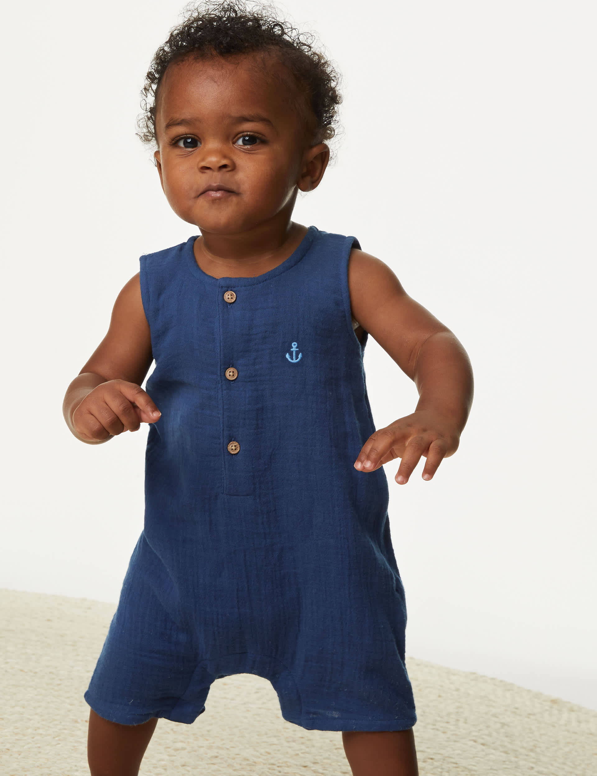 M&S Boys Pure Cotton Romper (0-3 Yrs) - 12-18 - Navy, Navy