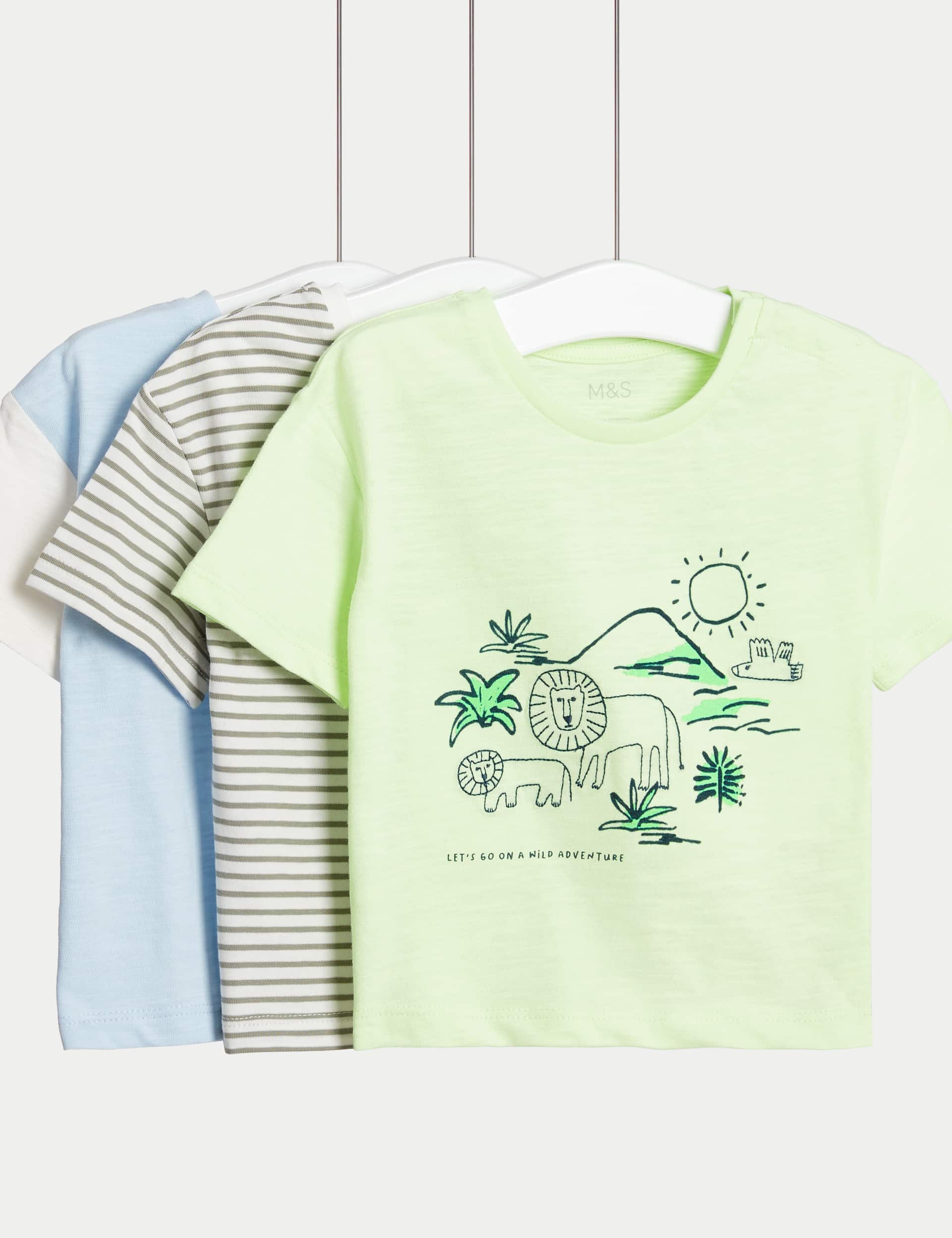 M&S Boys 3pk Pure Cotton Striped & Safari T-Shirts (0-3 Yrs) - 12-18 - Multi, Multi