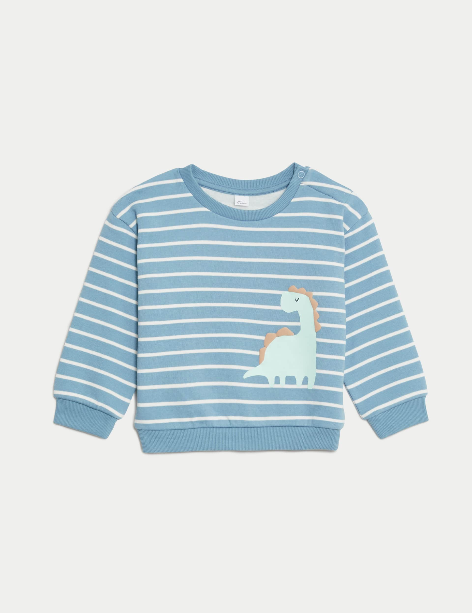 M&S Boys Cotton Rich Striped Dinosaur Sweatshirt (0-3 Yrs) - 12-18 - Blue Mix, Blue Mix