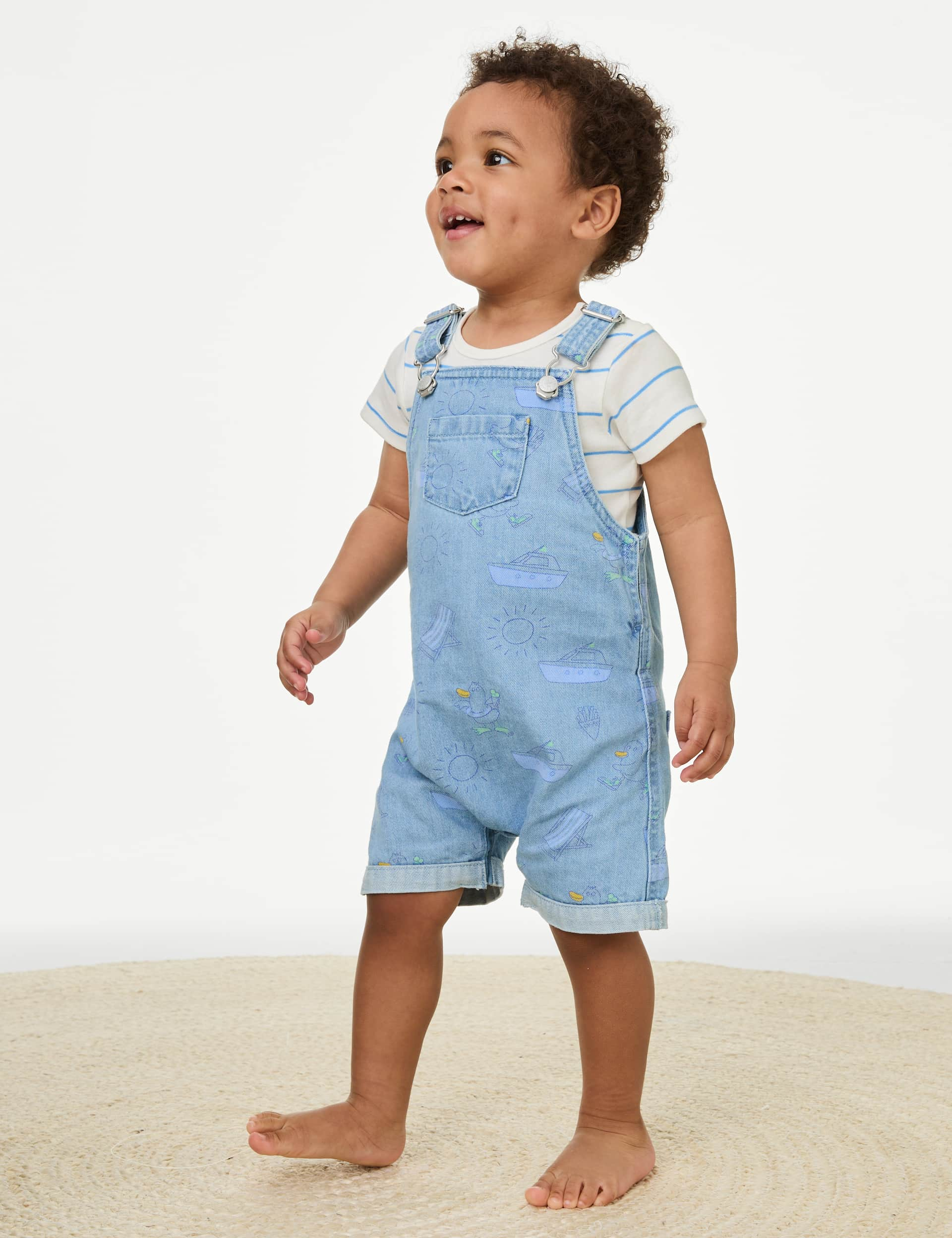 M&S Boys Denim Printed Dungaree Outfit (0-3 Yrs) - 0-3 M, Denim