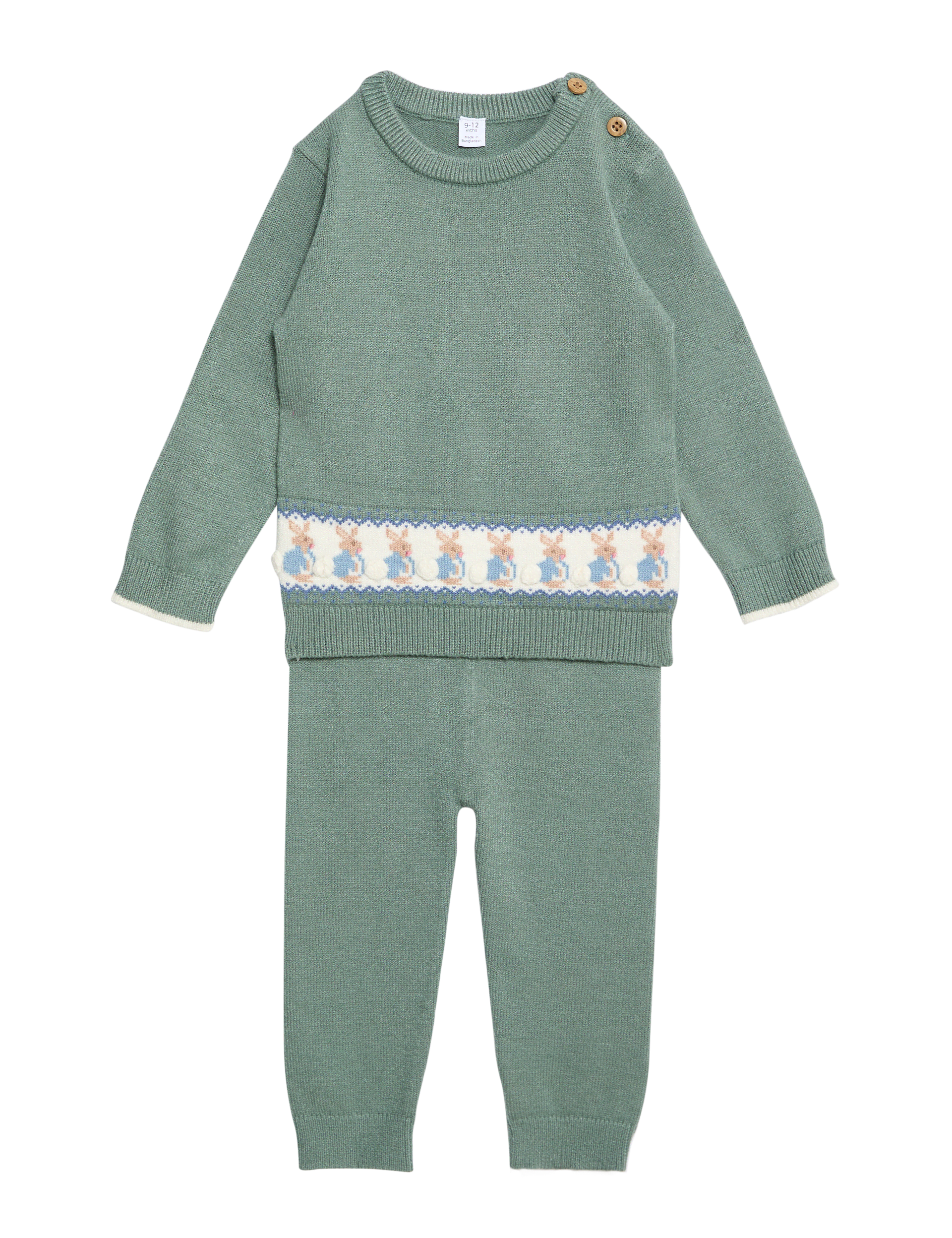 M&S Collection Boys 2pc Peter Rabbit Knitted Fair Isle Outfit (0-3 Yrs) - 3-6 M - Green Mix, Green 