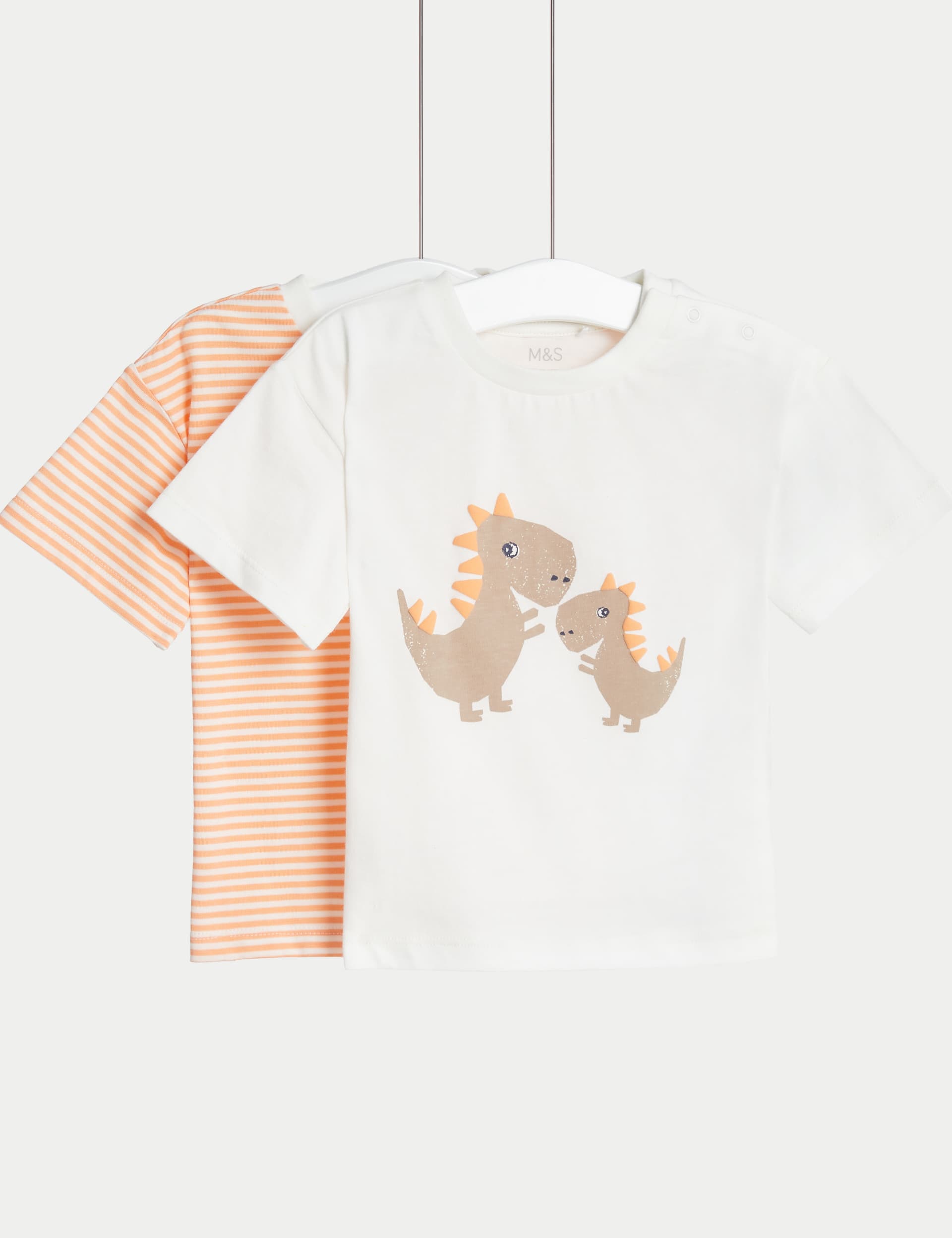 M&S Boys 2pk Pure Cotton Striped & Dinosaur T-Shirts (0-3 Yrs) - 18-24 - Ivory Mix, Ivory Mix