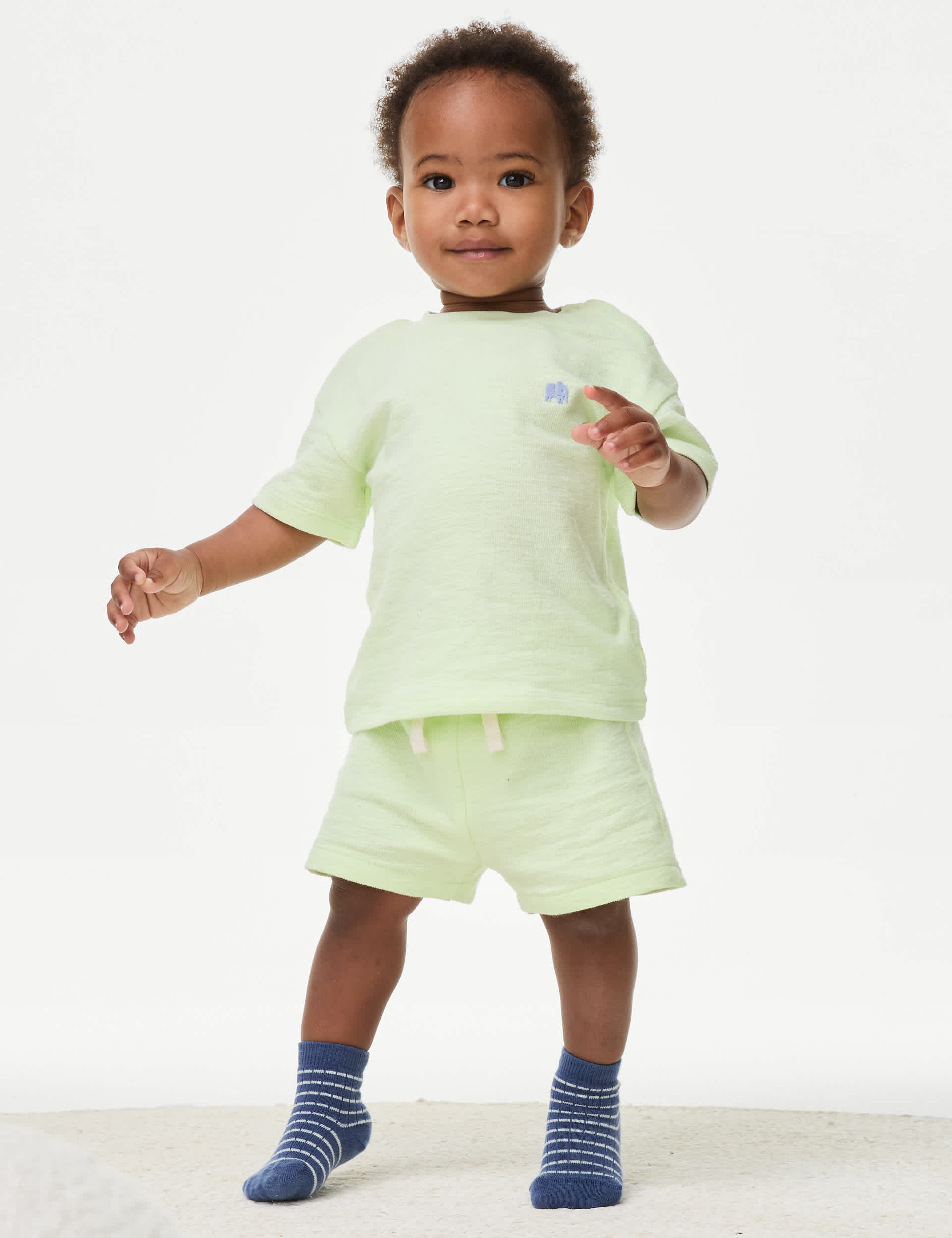 M&S Boys 2pc Pure Cotton Elephant Shorts Outfit (0-3 Yrs) - 18-24 - Green, Green,Blue