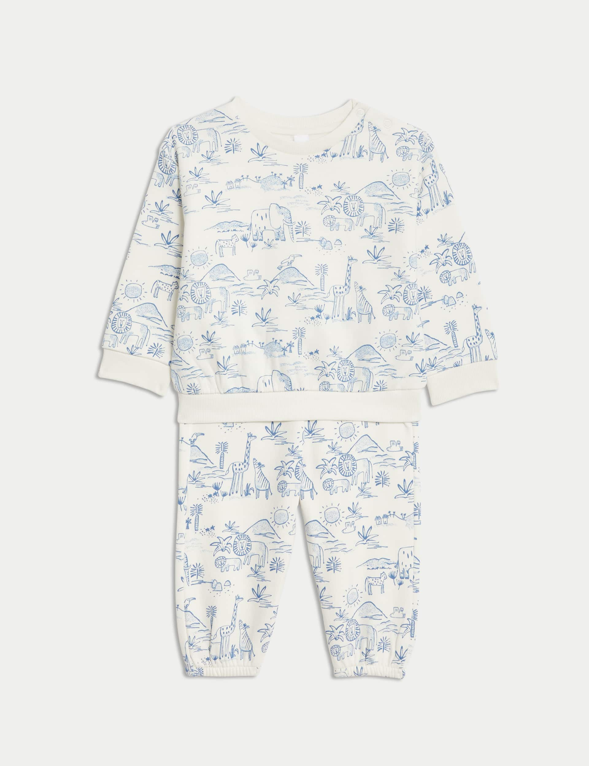 M&S Boys 2pc Cotton Rich Safari Print Outfit (0-3 Yrs) - 12-18 - Cream Mix, Cream Mix