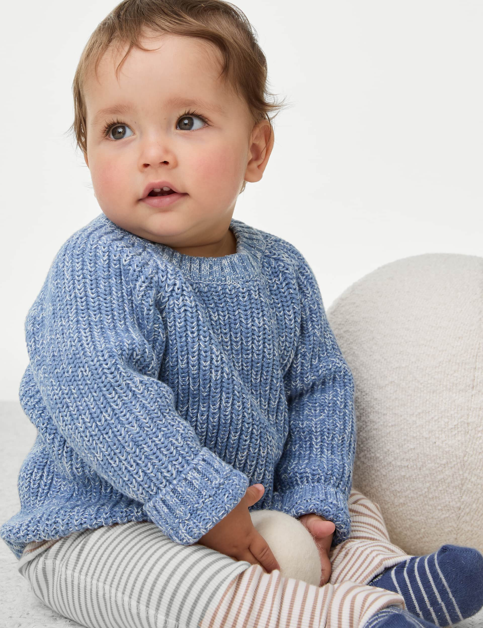 M&S Boys Pure Cotton Knitted Jumper (0-3 Yrs) - 12-18 - Indigo Mix, Indigo Mix