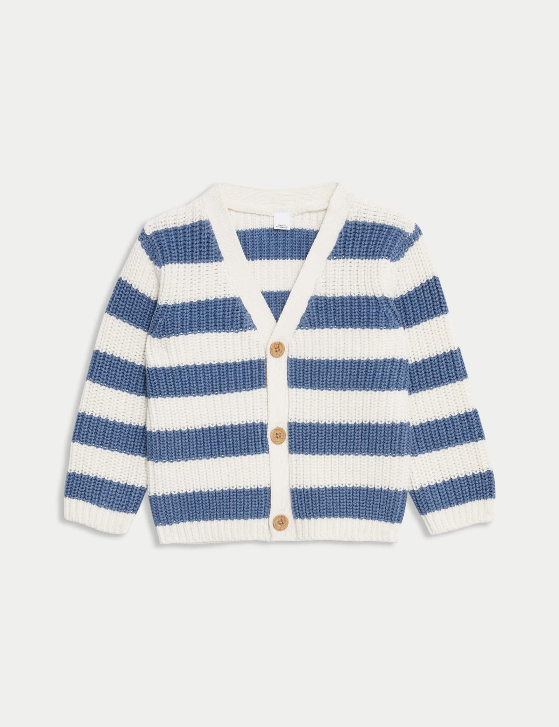 M&S Boys Pure Cotton Striped Cardigan (0-3 Yrs) - 18-24 - Blue Mix, Blue Mix