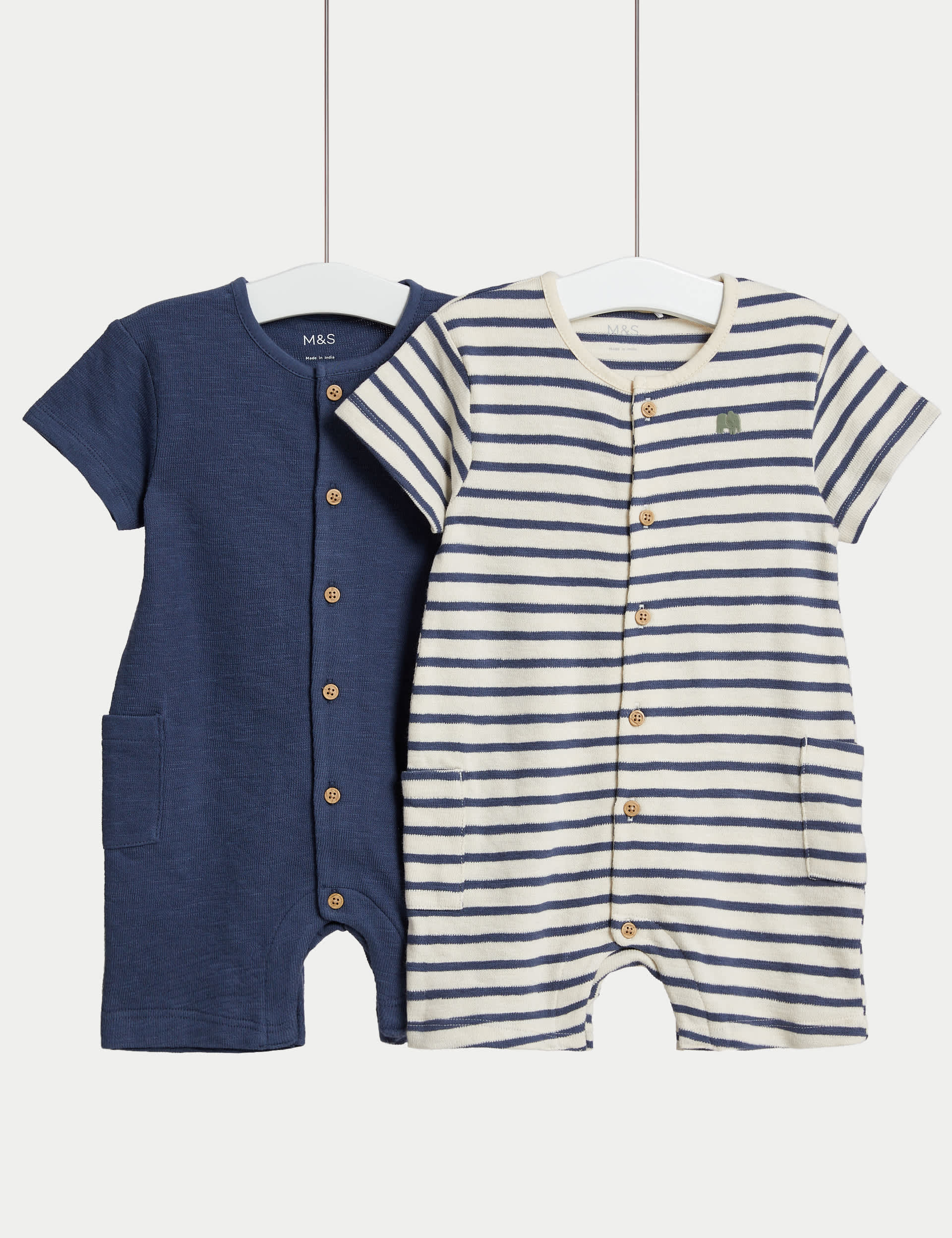 M&S Boys 2pk Pure Cotton Striped & Plain Rompers (0-3 Yrs) - 12-18 - Navy Mix, Navy Mix