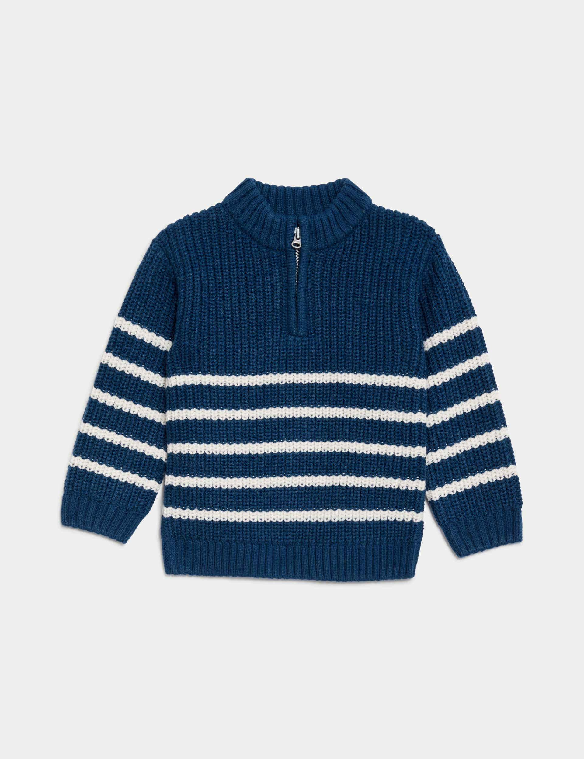 M&S Boys Knitted Striped Zip Jumper (0-3 Yrs) - 12-18 - Navy Mix, Cream Mix,Navy Mix