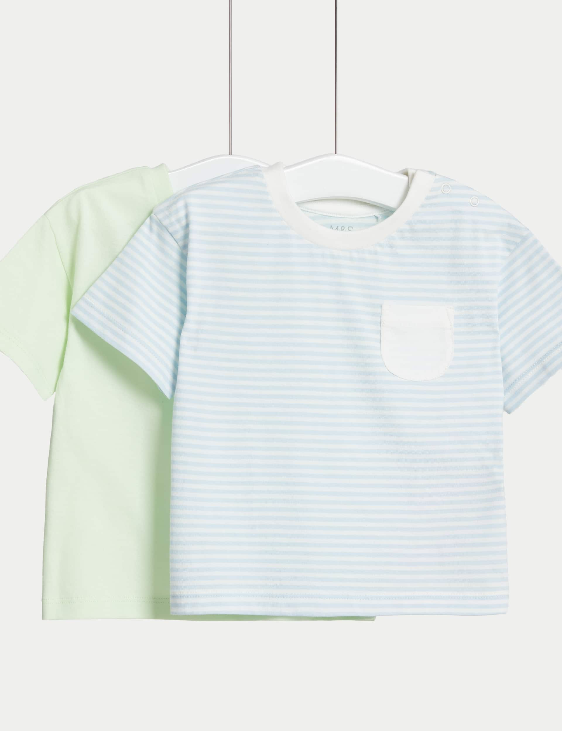 M&S Boys 2pk Pure Cotton Striped & Plain T-Shirts (0-3 Yrs) - 18-24 - Multi, Multi