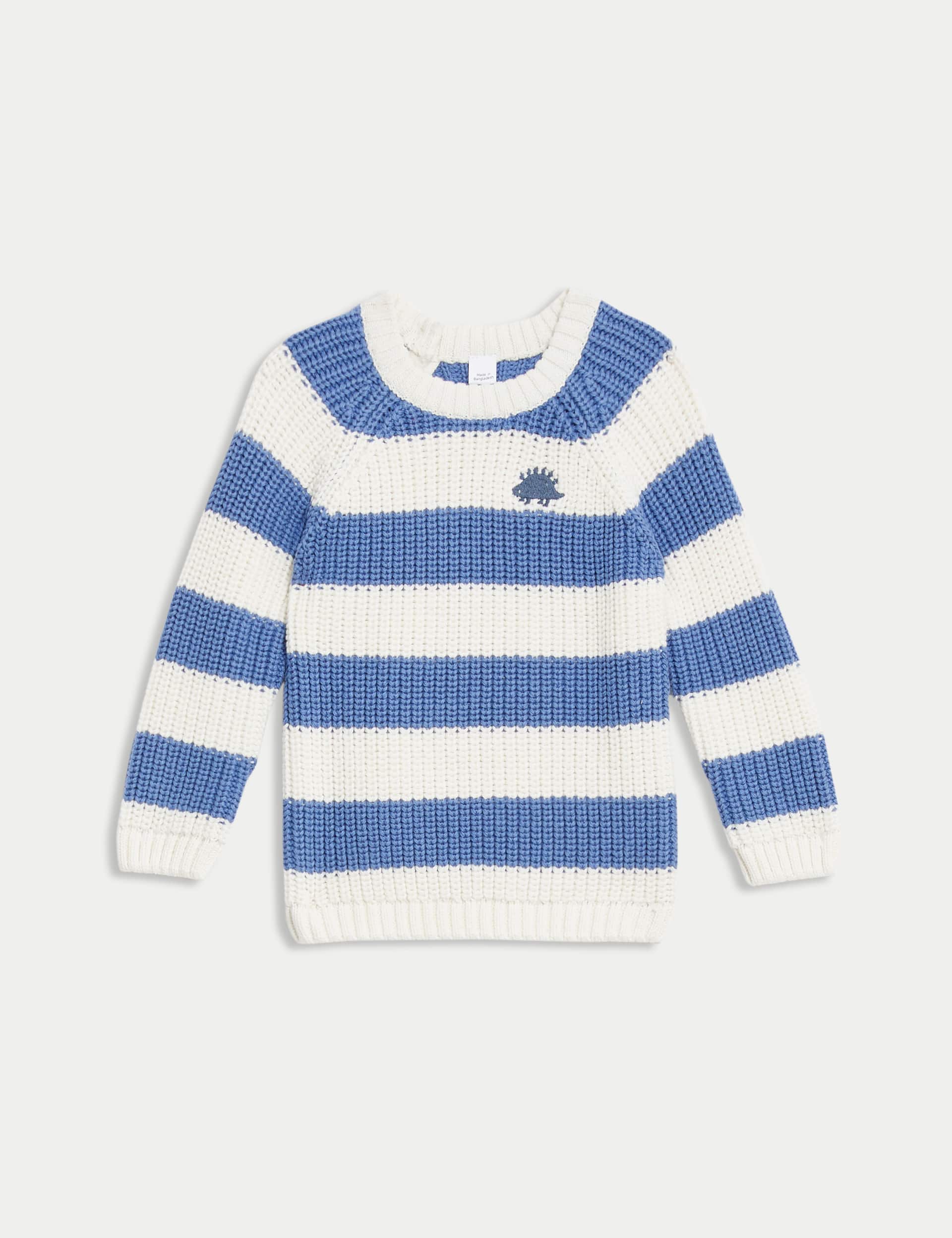 M&S Boys Pure Cotton Striped Dinosaur Jumper (0-3 Yrs)