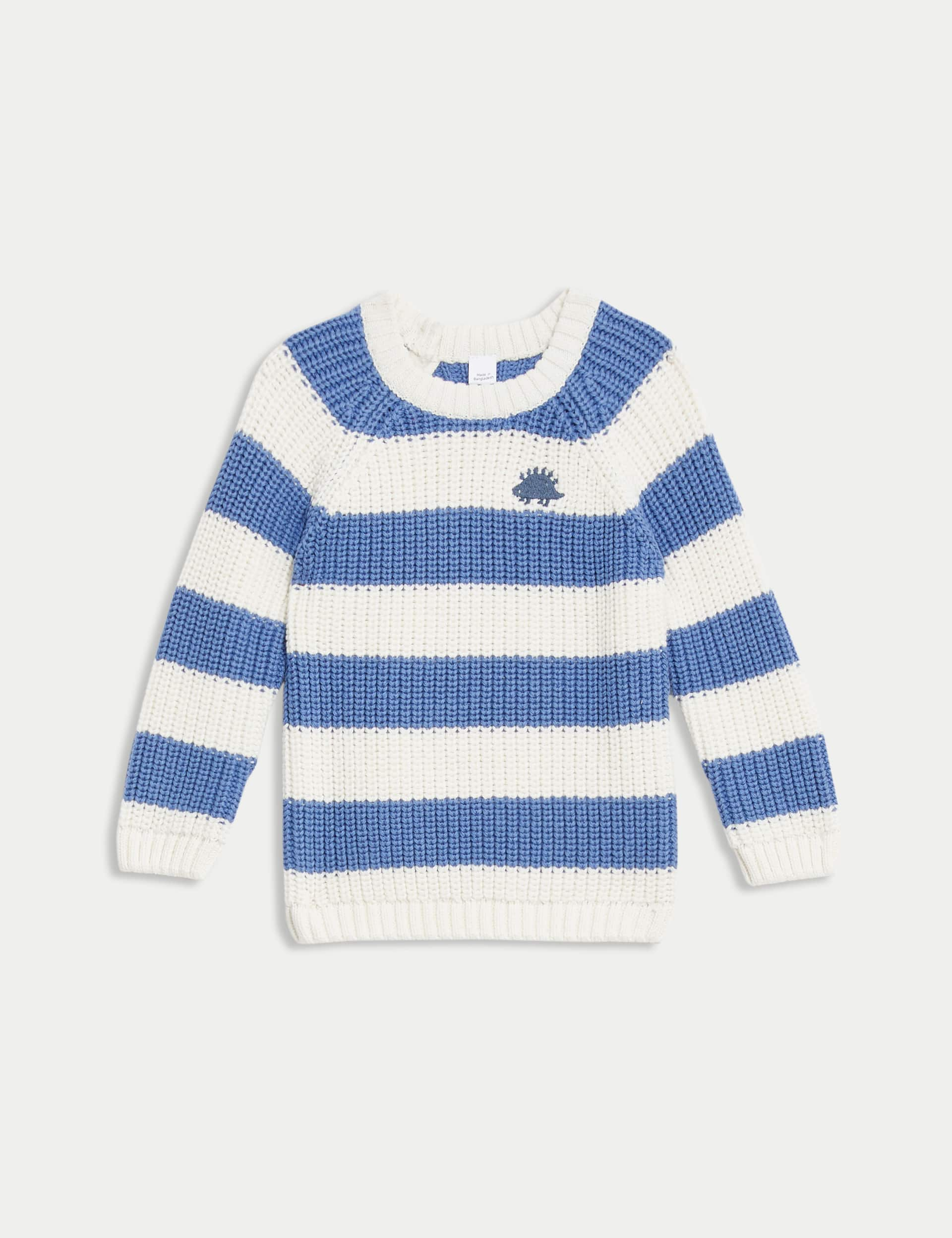 M&S Boys Pure Cotton Striped Dinosaur Jumper (0-3 Yrs) - 3-6 M - Blue Mix, Blue Mix