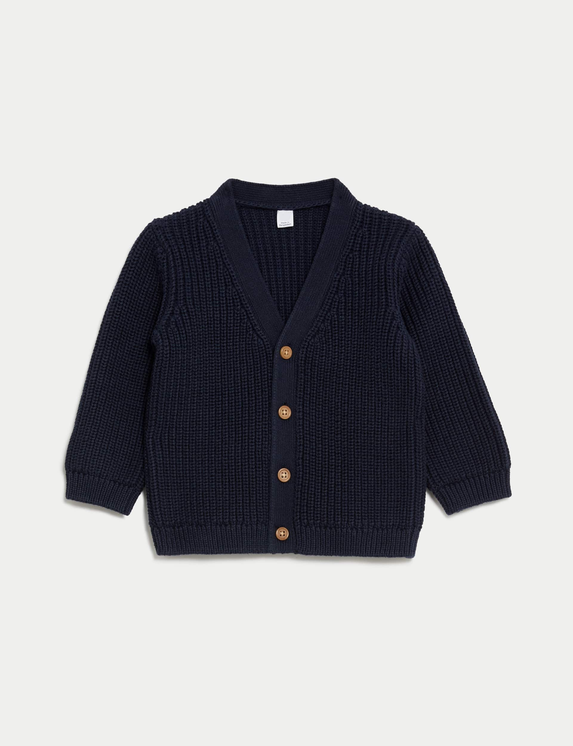 M&S Boys Pure Cotton Chunky Knitted Cardigan (0-3 Yrs) - 12-18 - Navy, Navy