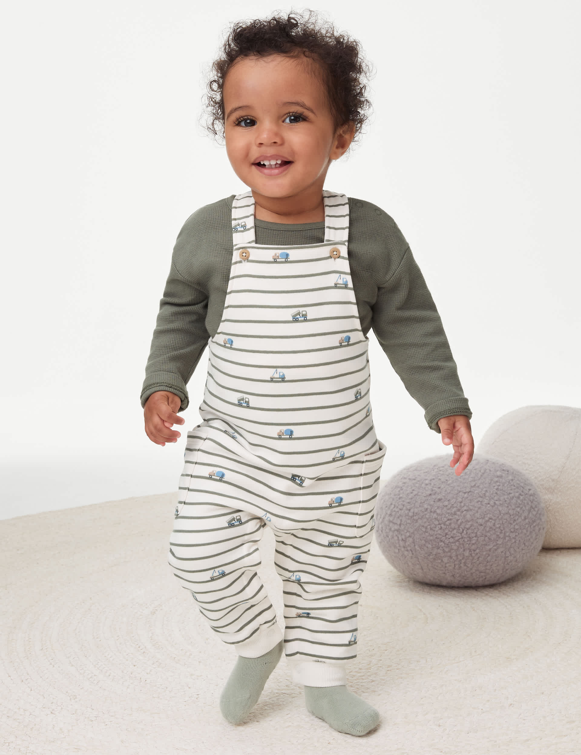 M&S Boys 2pc Cotton Rich Striped Transport Outfit (0-3 Yrs) - 2-3Y - Green Mix, Green Mix