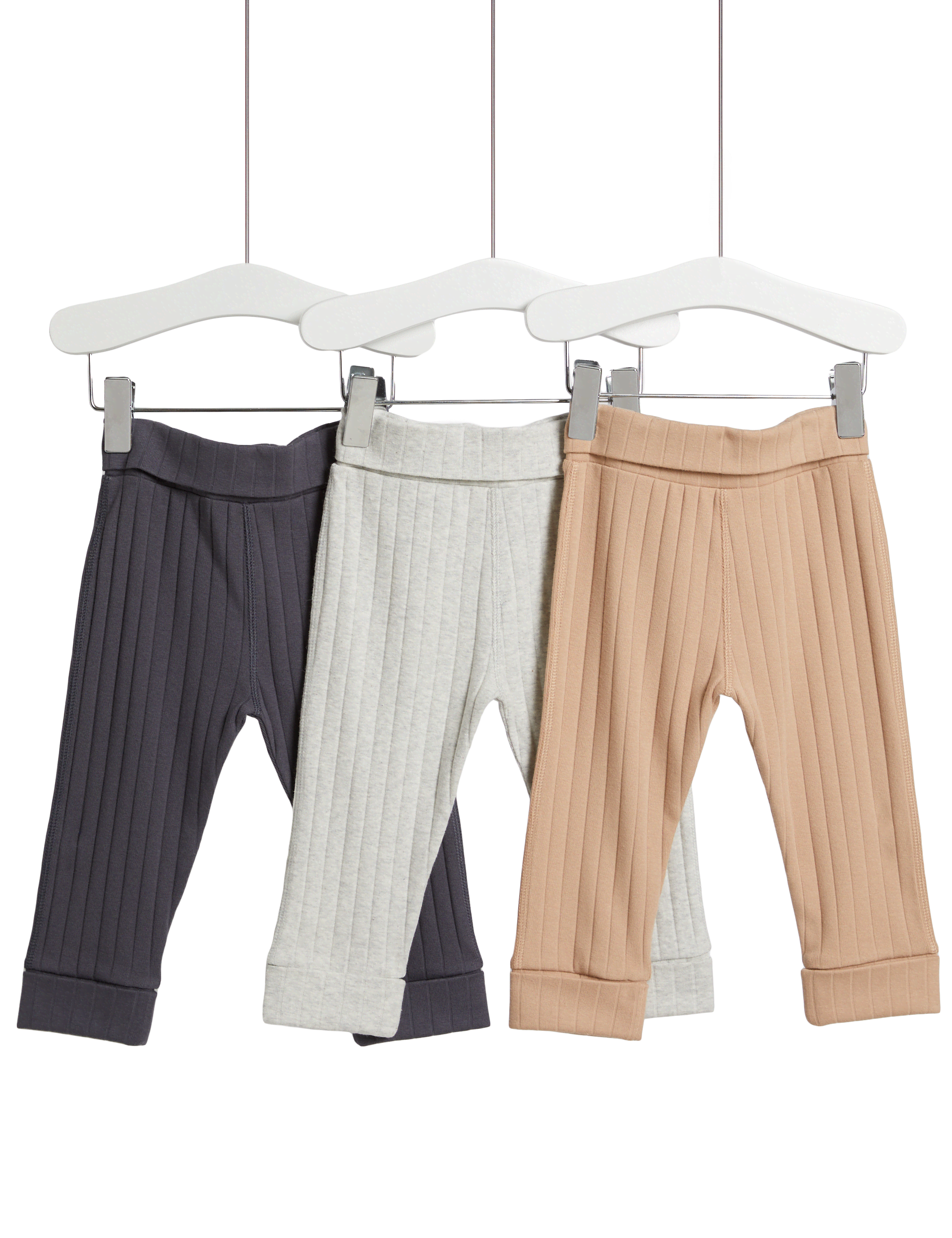 M&S Collection Boys 3pk Cotton Rich Ribbed Leggings (0-3 Yrs) - 12-18 - Neutral, Neutral