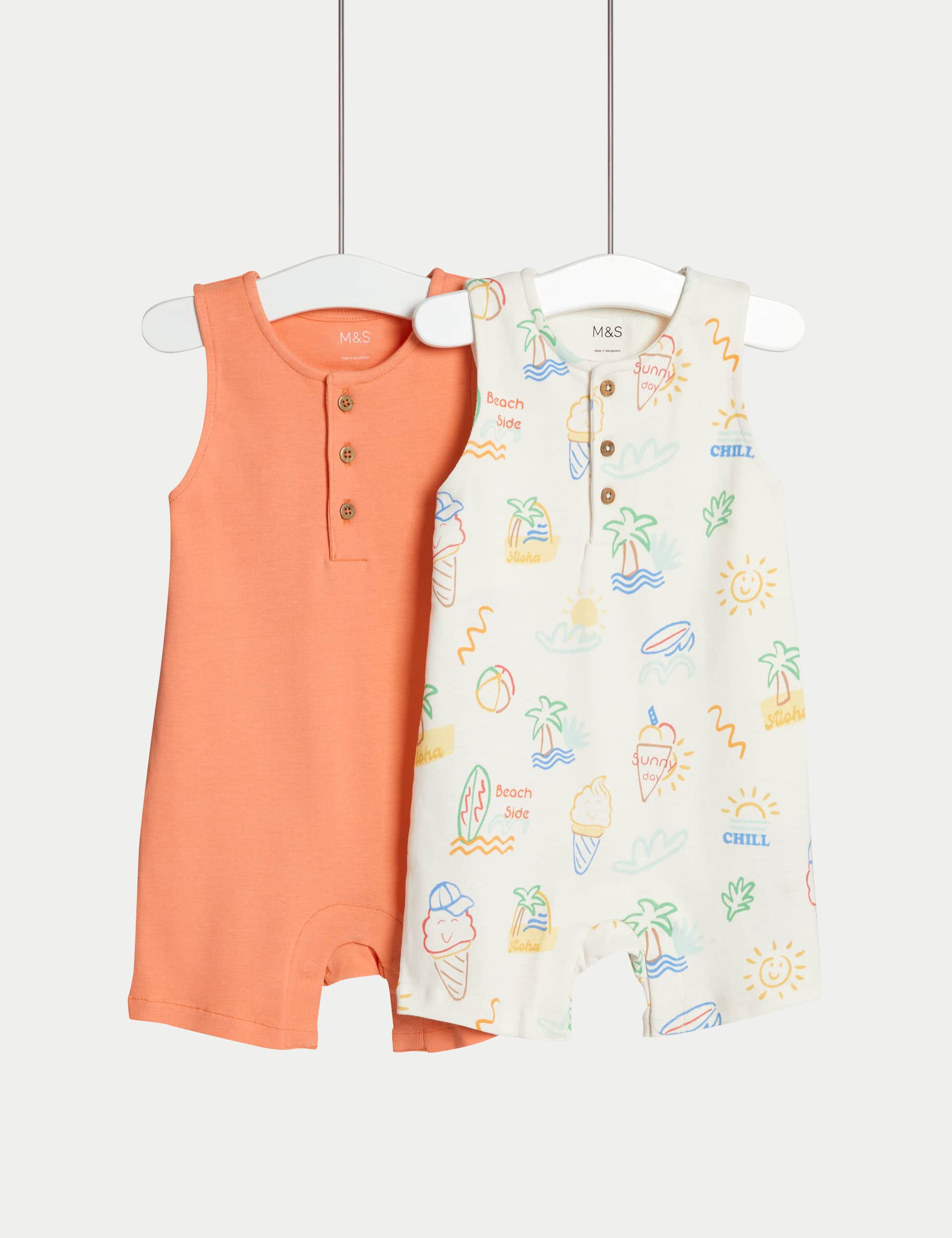 M&S Boys 2pk Pure Cotton Rompers (0-3 Yrs) - 0-3 M - Coral Mix, Coral Mix