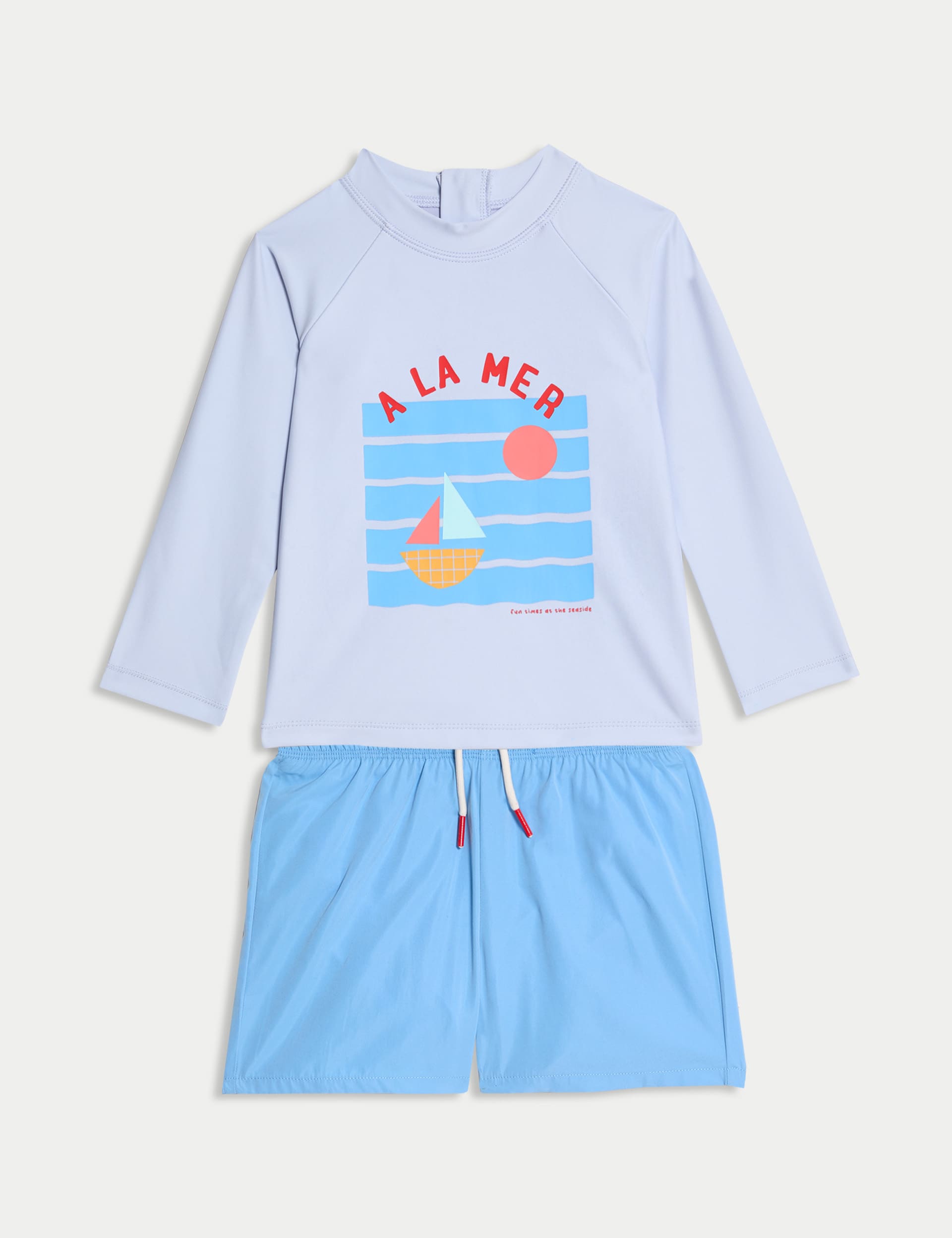 M&S Collection Boys 2pc A La Mer Slogan Rash Vest Swim Set (0-6 Yrs) - 18-24 - Blue, Blue