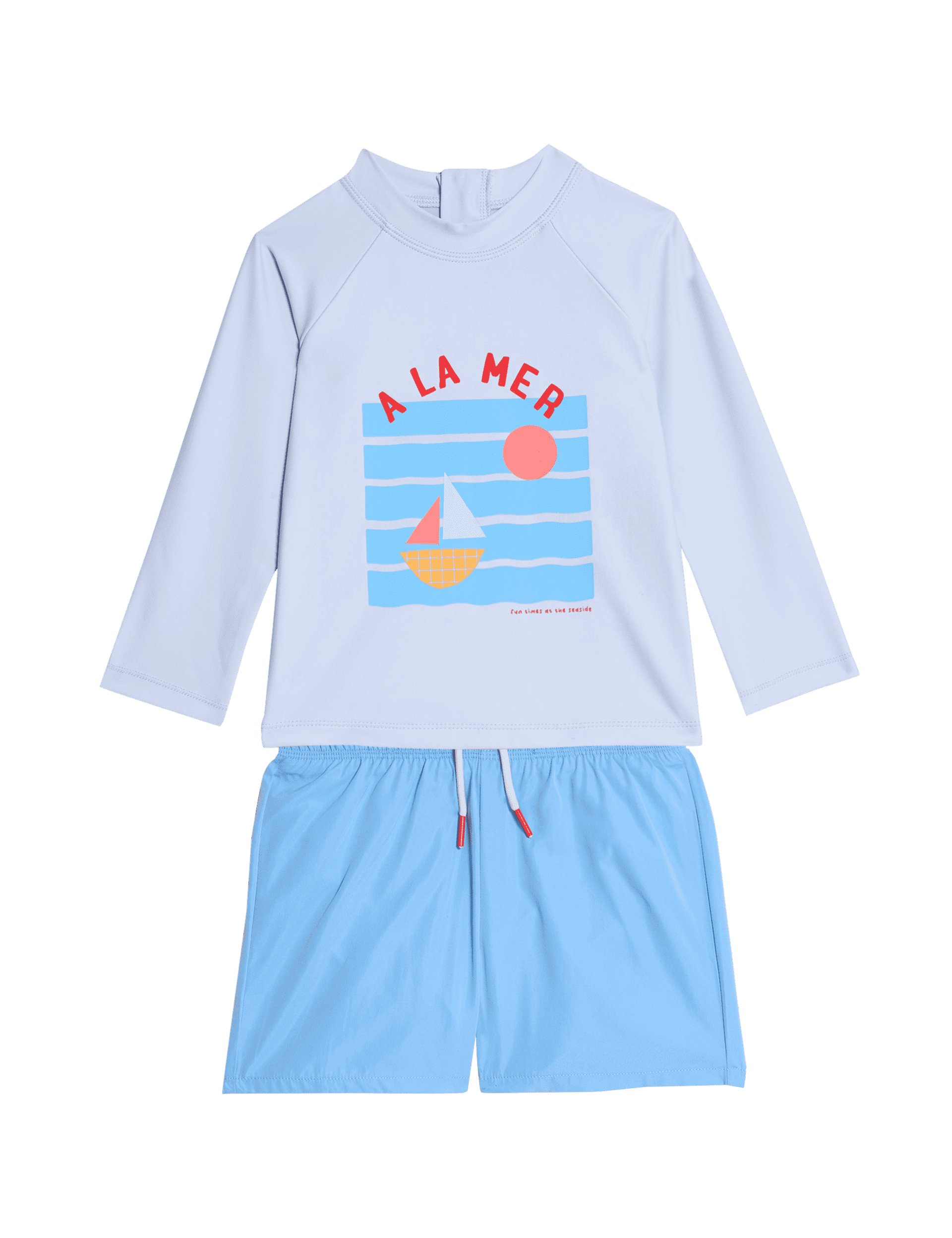 M&S Collection Boys 2pc A La Mer Slogan Rash Vest Swim Set (0-6 Yrs) - 18-24 - Blue, Blue