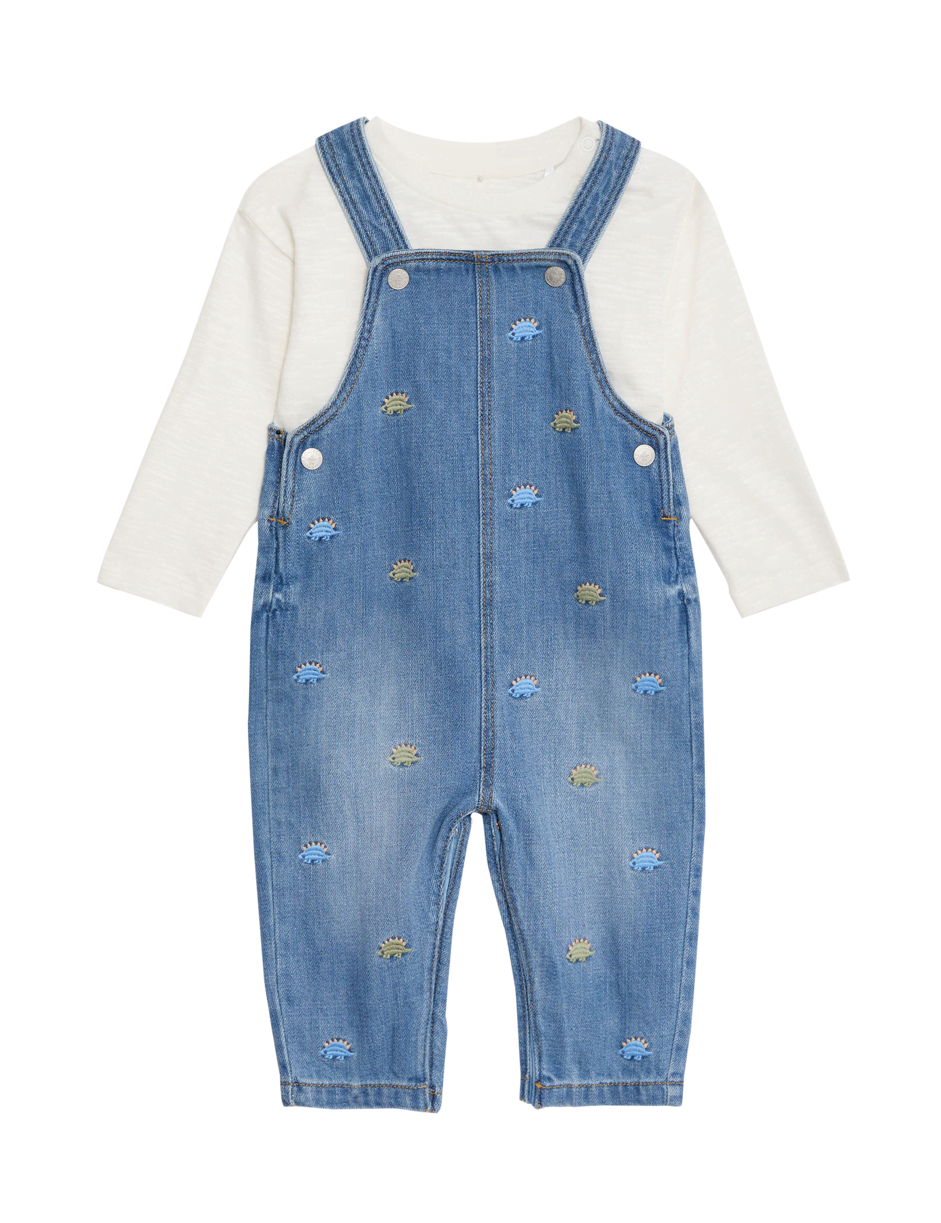 M&S Collection Boys Dino Embroidered Dungaree Outfit (0-3 Yrs) - 3-6 M - Blue, Blue