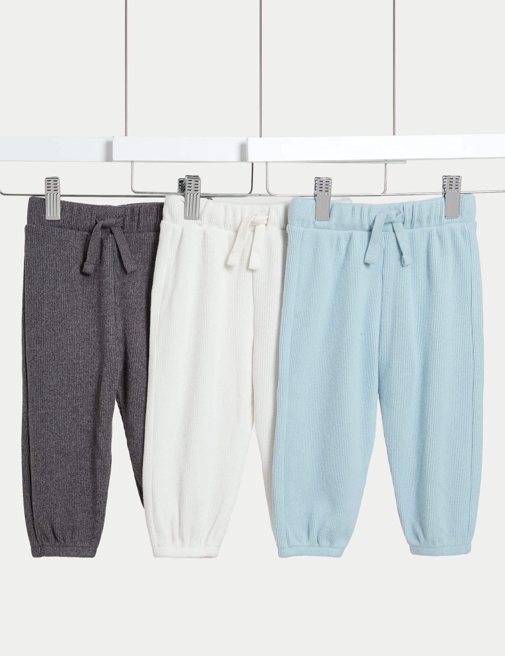 M&S Boys 3pk Waffle Joggers (0-6 Yrs) - 12-18 - Blue Mix, Grey Mix,Blue Mix