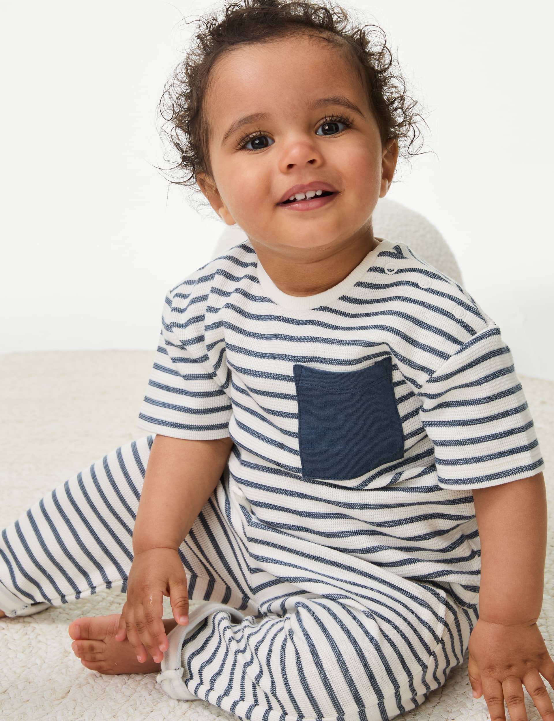 M&S Kids Cotton Rich Top & Bottom Outfit (0-3 Yrs) - 12-18 - Blue Mix, Blue Mix