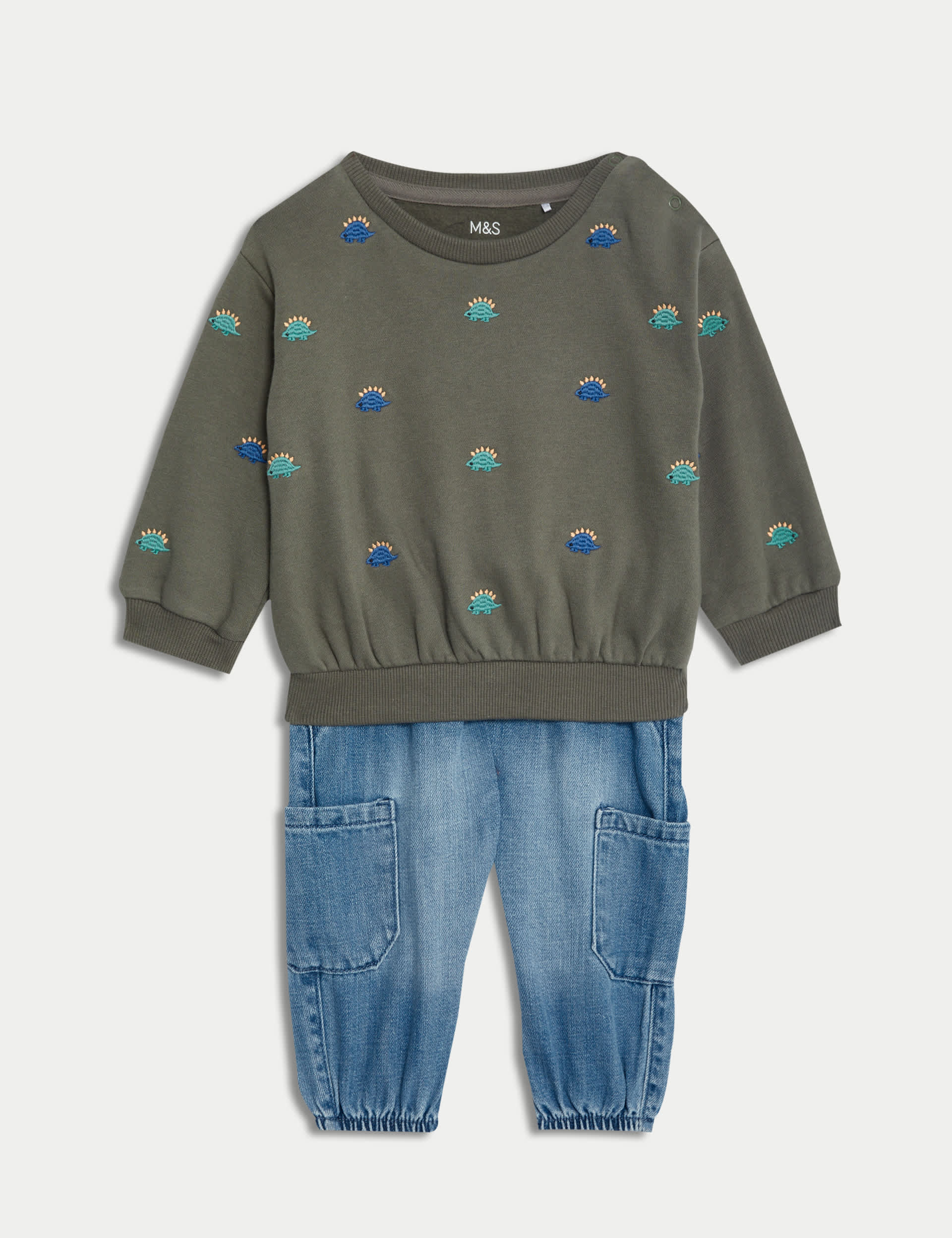 M&S Boys Cotton Rich Embroidered Jeans Outfit (0-3 Yrs) - 2-3Y - Khaki Mix, Khaki Mix