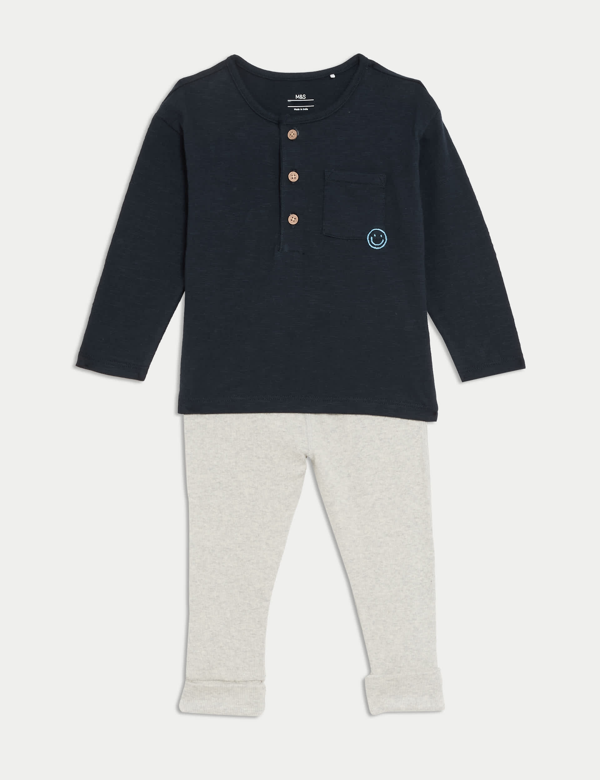 M&S Collection Boys 2pc Cotton Rich Smiley Outfit (0-3 Yrs) - 12-18 - Navy, Navy