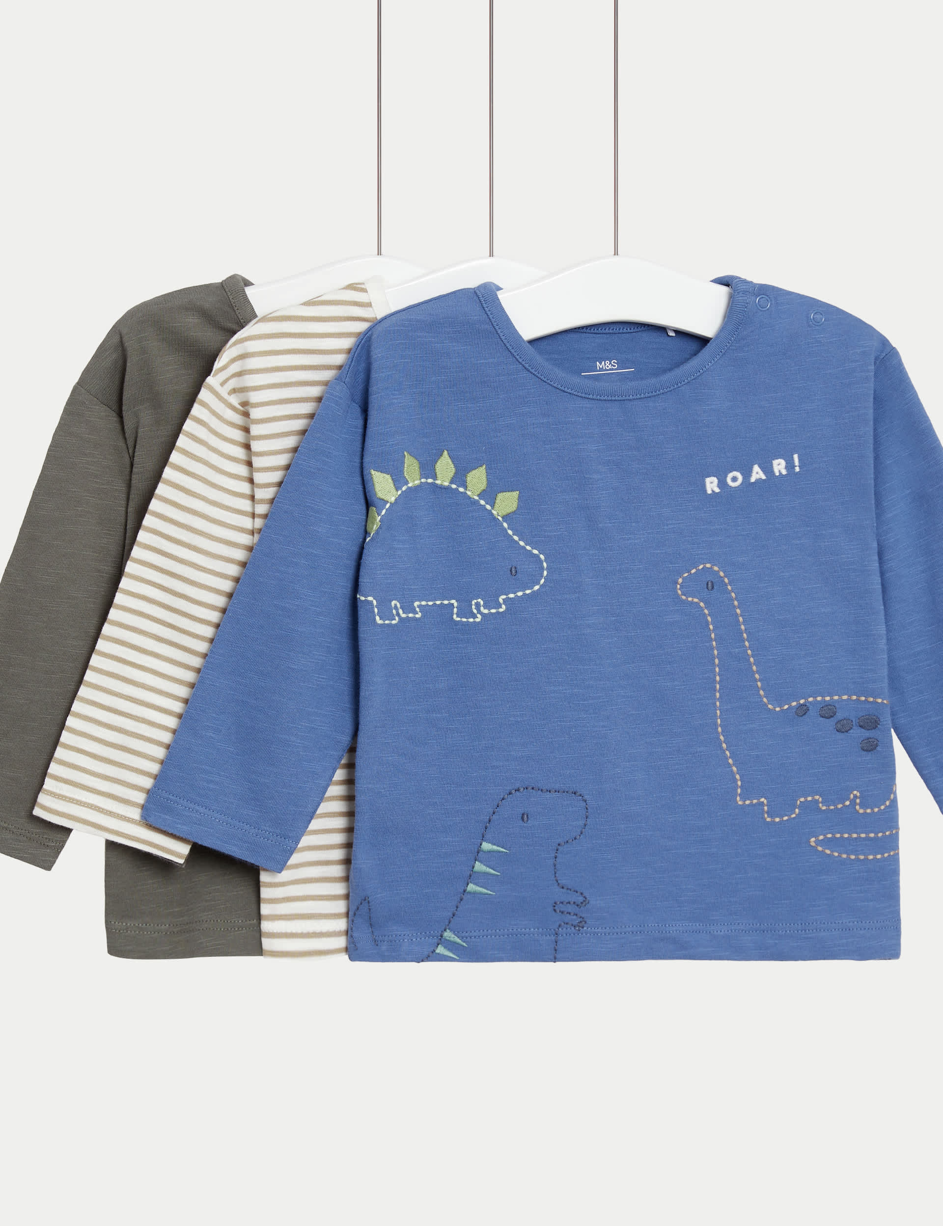 M&S Boys 3pk Pure Cotton Dinosaur & Striped Tops (0-3 Yrs)